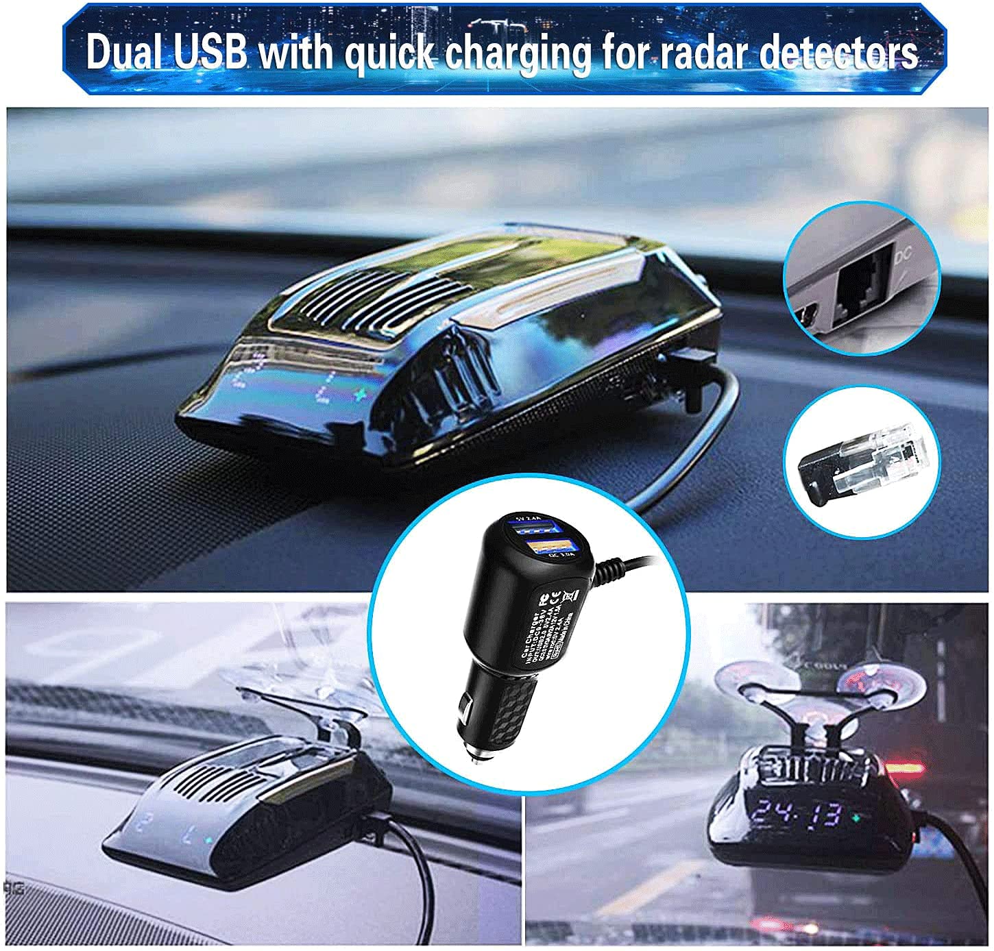 Uniden Escort Valentine Beltronics Passport Cobra Radar Detector Power Cord with Dual USB QC3.0 Fast Charger (RJ11) - Car Accessory for Road Trip & Highway Driving Safety