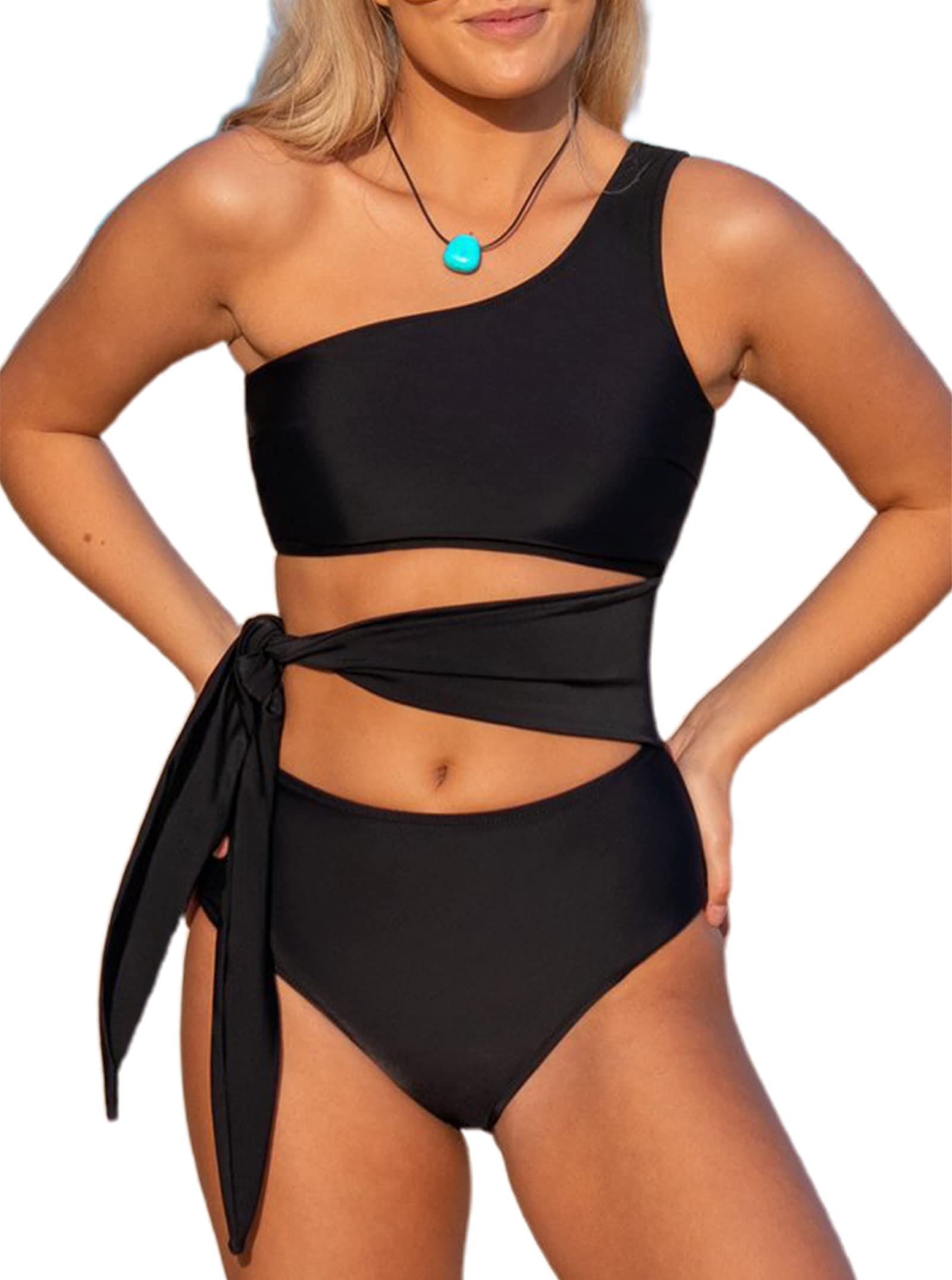 Hilinker Women's One Shoulder Knot Cut Out Color Block Ribbed One Piece Swimsuit - Sexy Bathing Suit for Beach, Pool & Summer Vacation