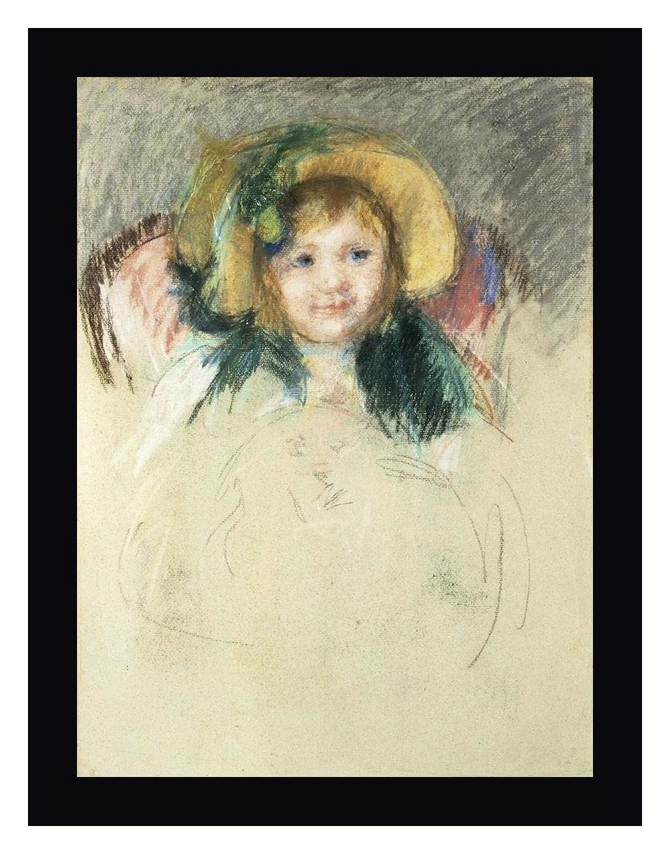 Mary Cassatt 'Sara in a Bonnet with a Plum Hanging Down' 23x30 Inch Framed Canvas Art Print - Black Wood Frame - Ready to Hang Wall Decor - Perfect for Living Room, Bedroom or Office