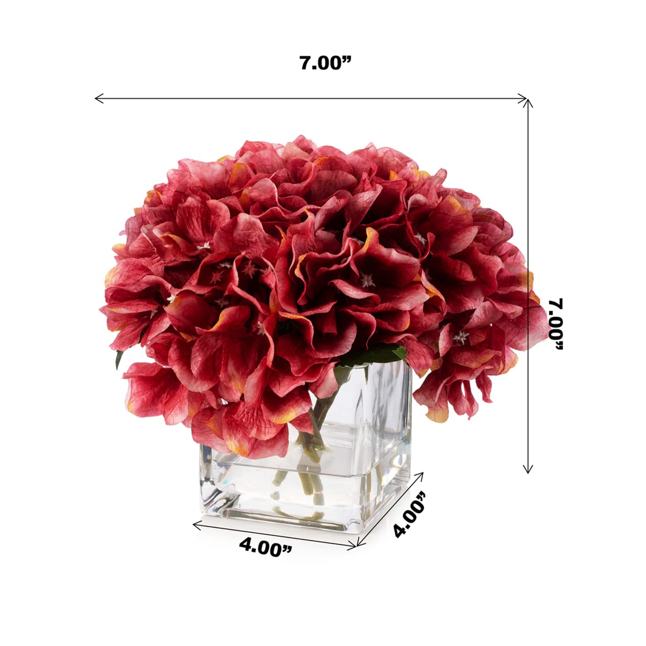 ENOVA FLORAL Artificial Silk Hydrangea Flowers in Vase with Faux Water - Fuchsia Fake Floral Arrangement for Home Decor, Dining Table Centerpiece, Wedding & Event Decoration - Perfect for Living Room, Office, and Party Decor