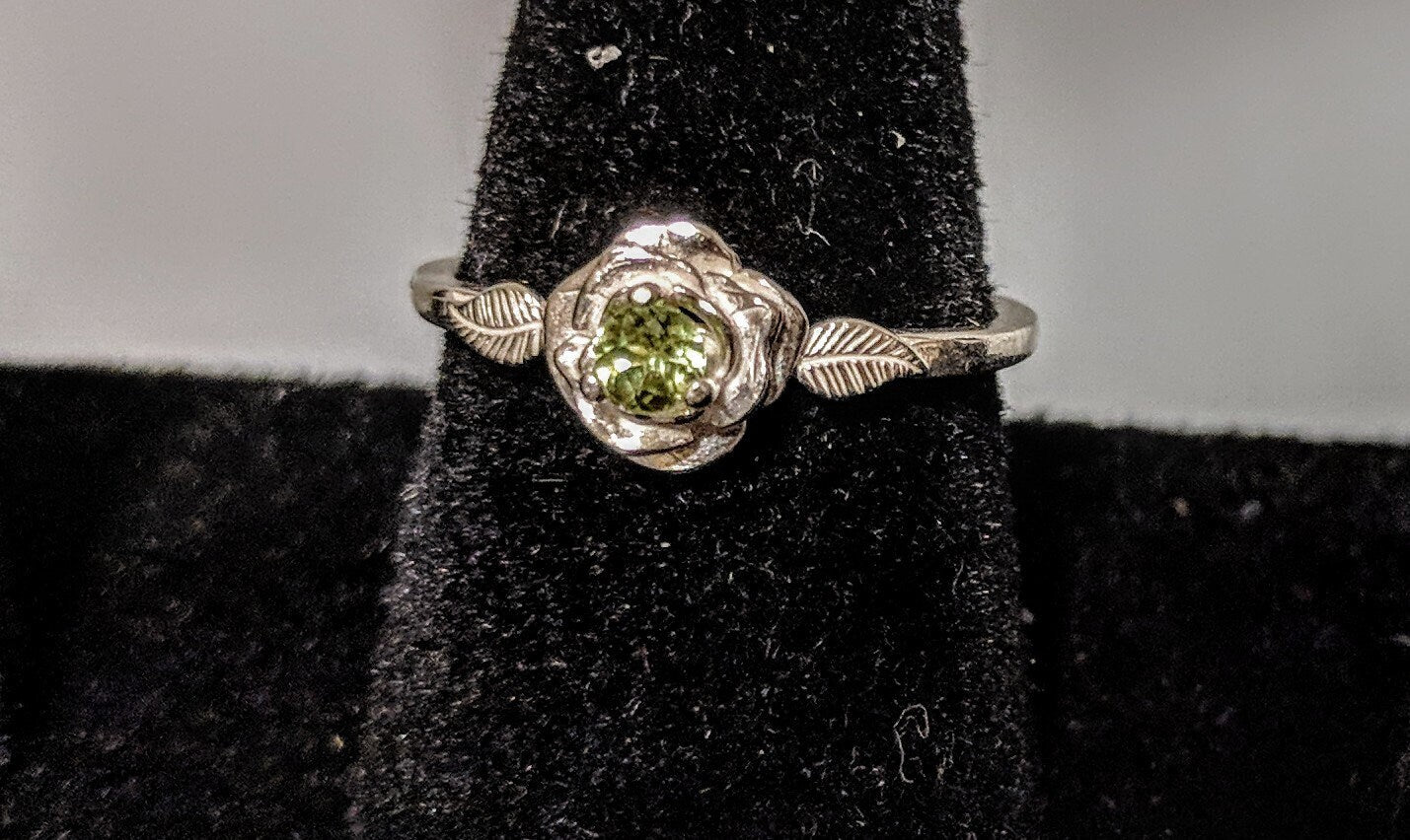 Solid Sterling Silver or 14K White/Yellow/Rose Gold Floral Rose with Leaves Ring - Natural Gemstone Promise Ring (Size 4-7) for Weddings, Anniversaries & Romantic Gifts