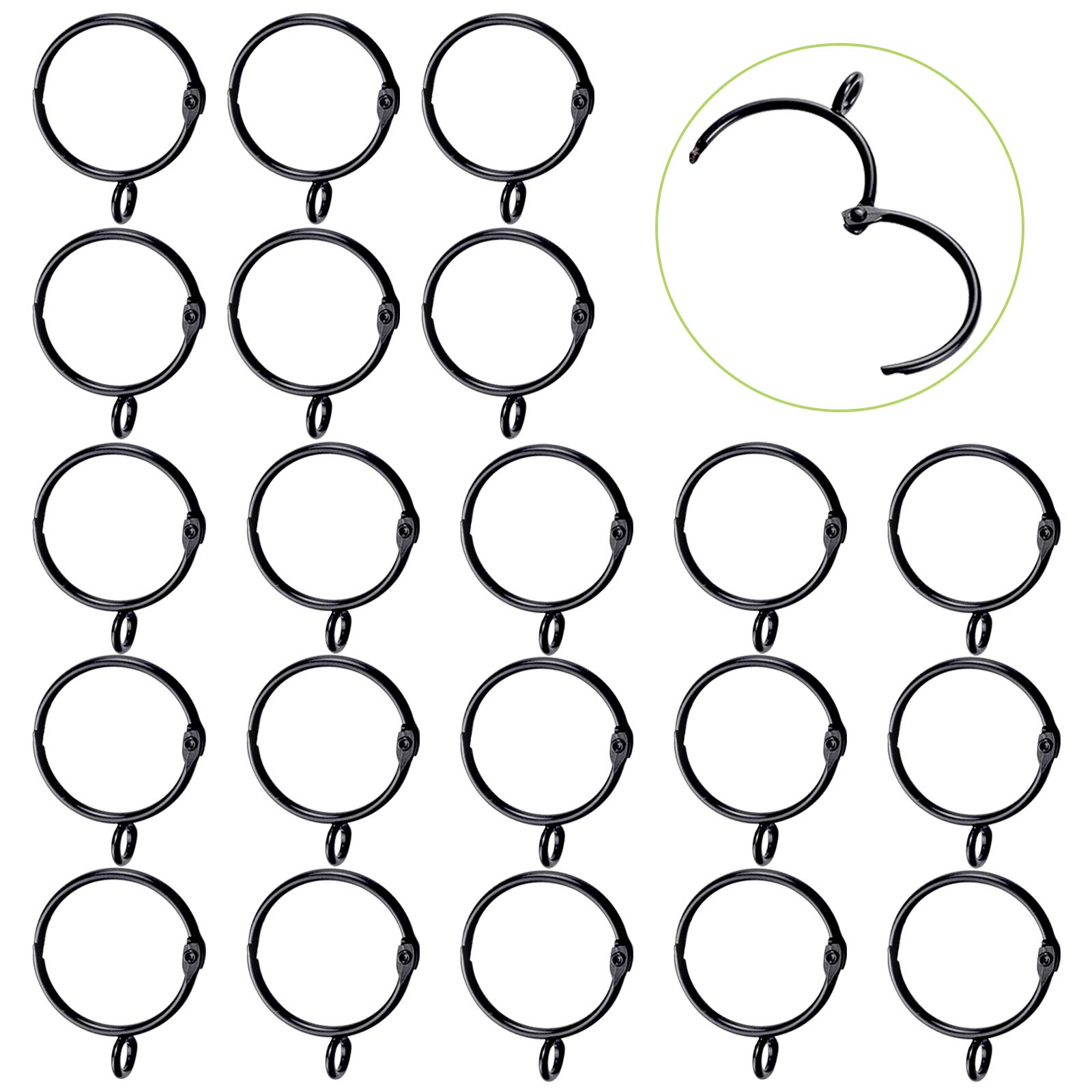 28 Pack Black Metal Curtain Rings with Eyelets - Rustproof Drapery Hooks for Curtains (50mm Inner Diameter) - Easy Open/Close Design for Living Room, Bedroom & Window Decor