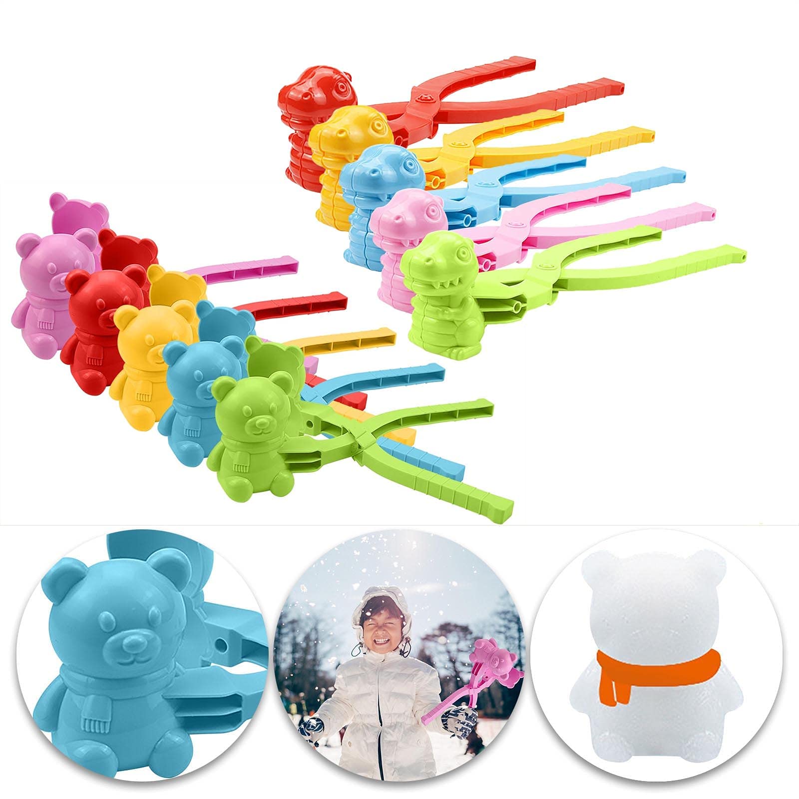 Dinosaur & Bear Shaped Snowball Maker Kit - 10PC Winter Snowball Toys with Handles for Kids Outdoor Snowball Fights & Indoor Winter Games - Perfect for Family Fun, Backyard Play & Snow Day Activities