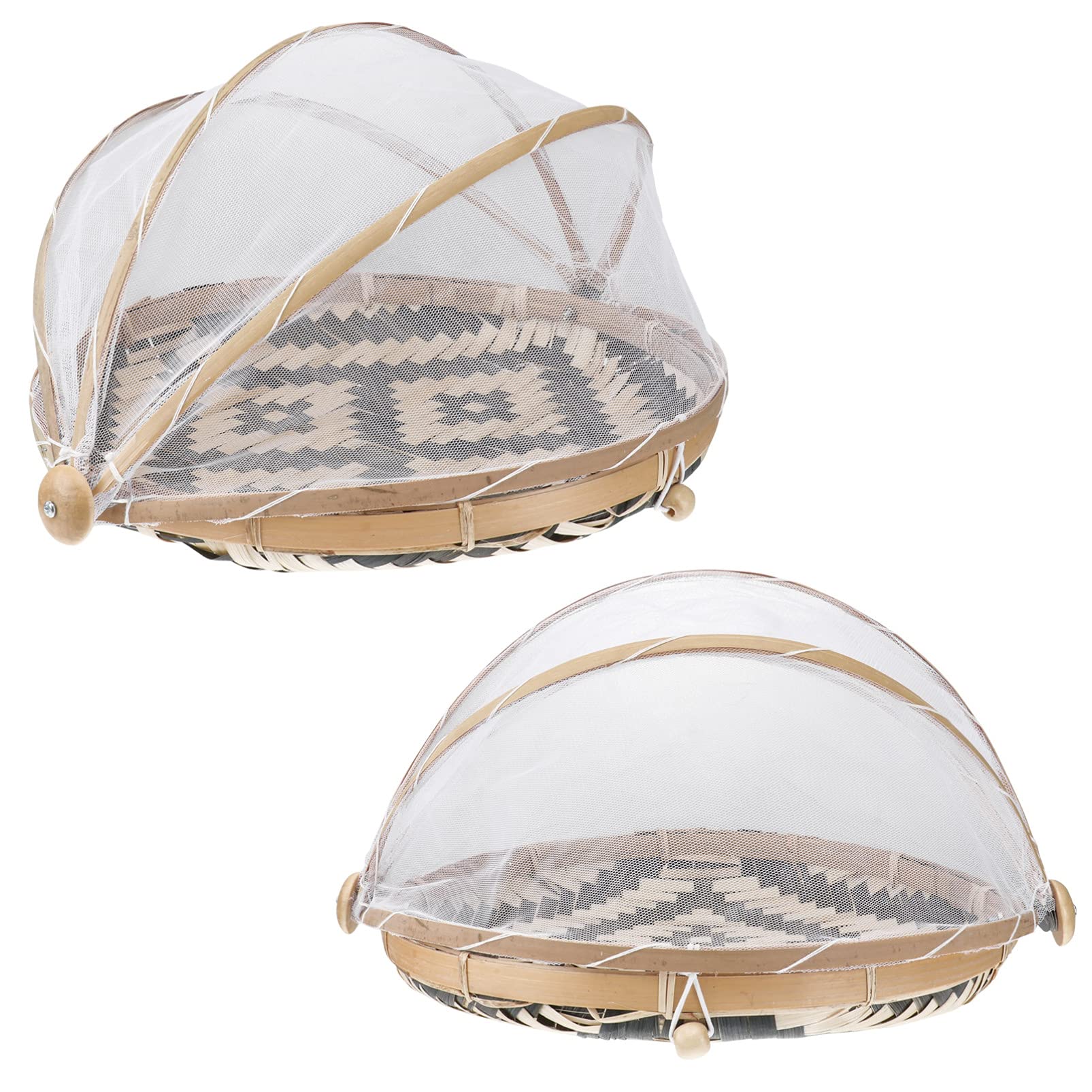 DOITOOL 2-Pack Wooden Food Serving Basket with Gauze Cover - Bug Proof Handwoven Bread, Fruit & Steamed Bun Basket - Rustic Weaving Design (30cm & 36cm) - Perfect for Picnics, Kitchen Storage & Farmhouse Dining Decor