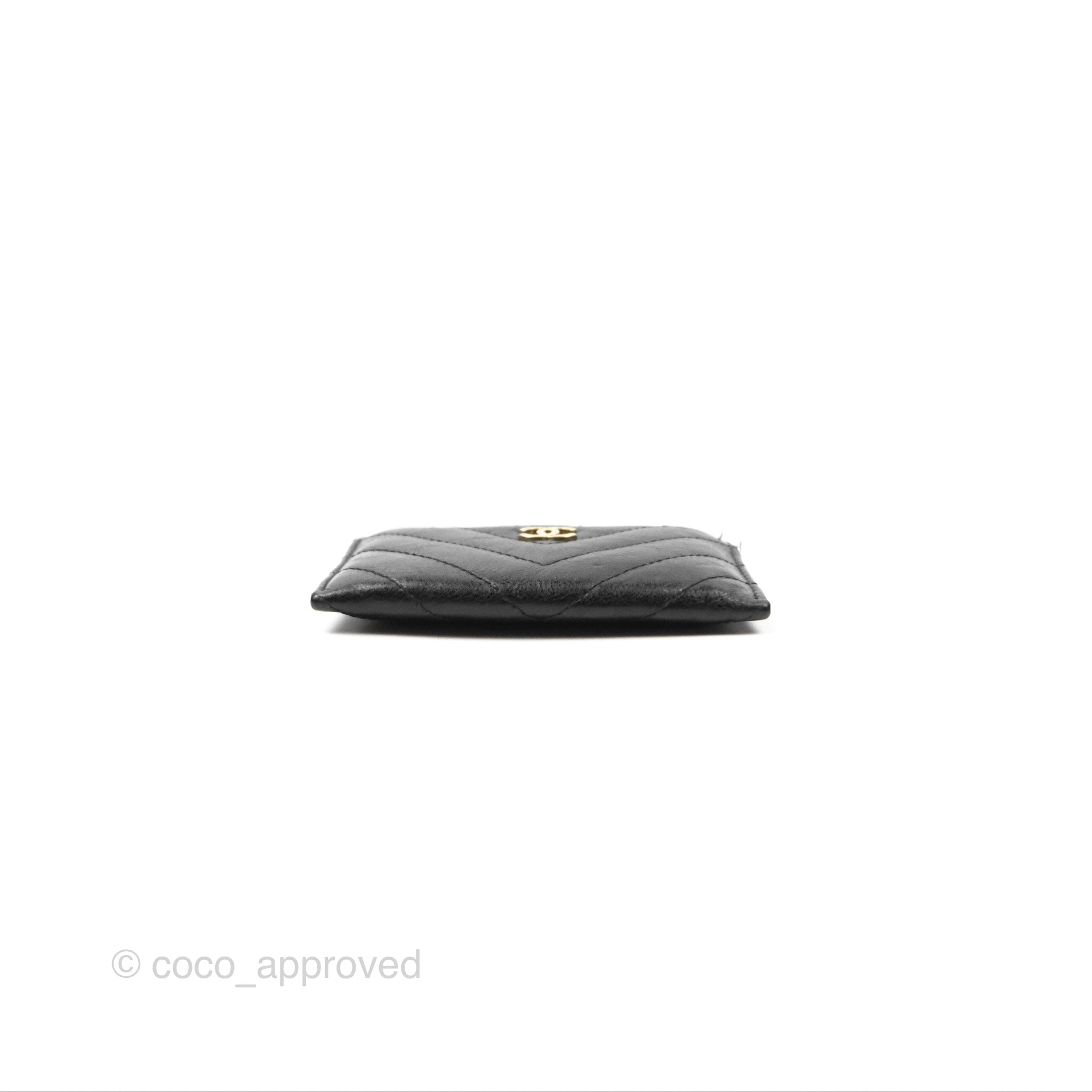 Chanel Classic Flat Card Holder Chevron Black Calfskin Gold Hardware - Luxury Wallet for Women | Perfect for Everyday Use, Travel & Gift Giving