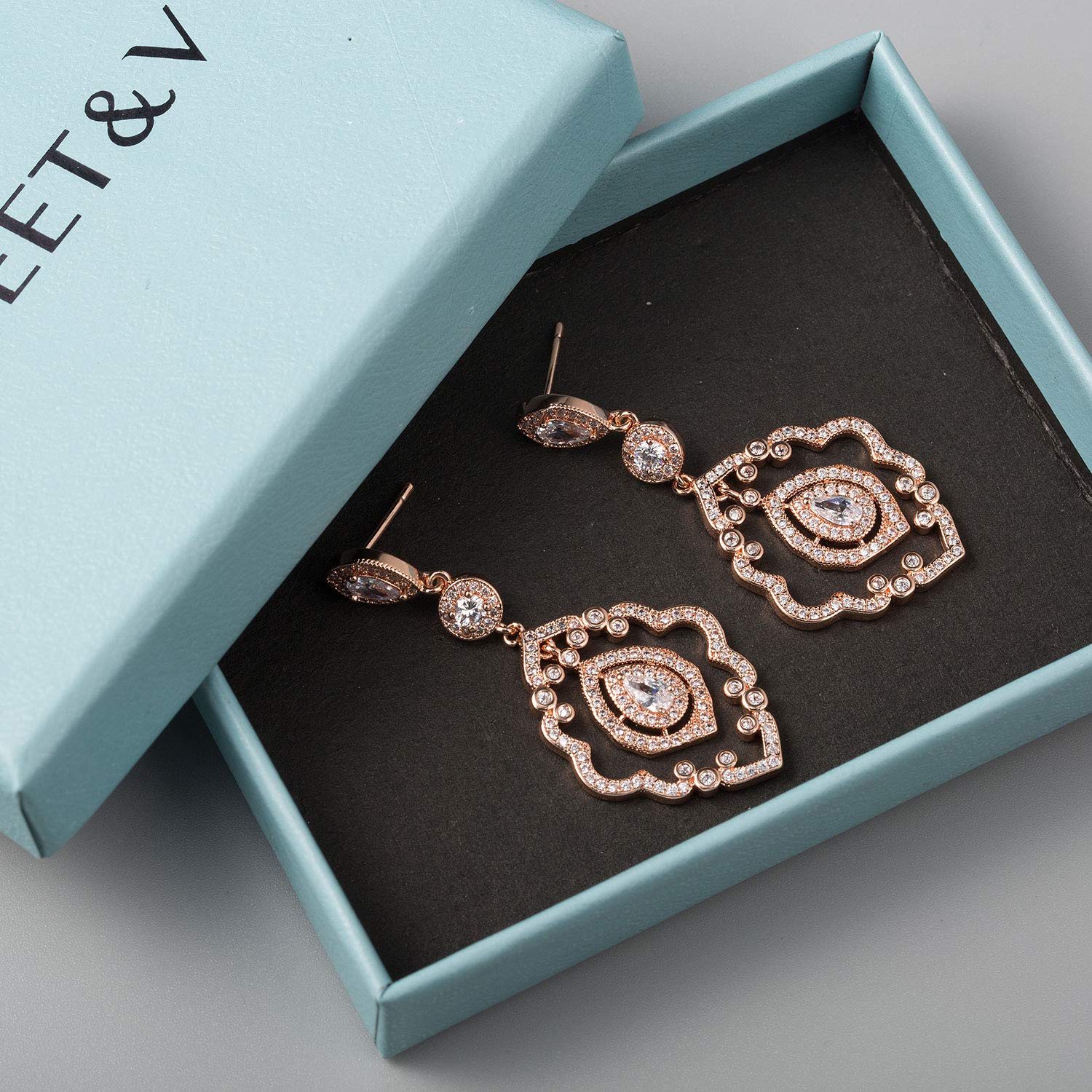 SWEETV Rose Gold Art Deco Drop Dangle Earrings - Elegant Wedding & Bridal Jewelry for Women | Perfect for Brides, Formal Events & Special Occasions