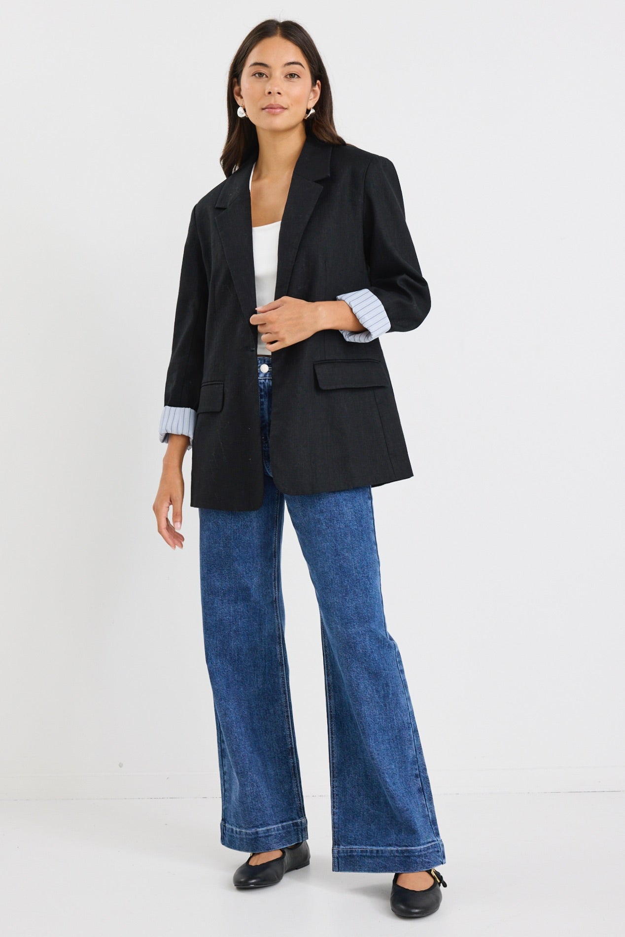 Stylish Black Ramie Rolled Sleeve Blazer for Women - Lightweight Summer Office Jacket - Perfect for Business Casual, Workwear & Formal Occasions