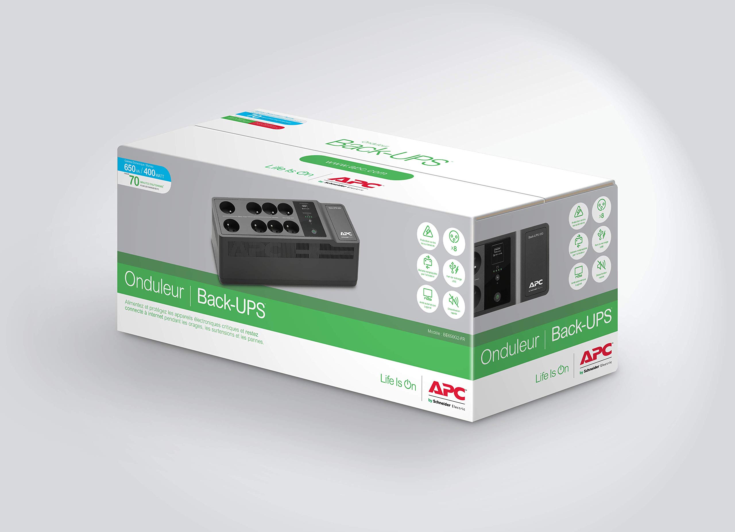 APC by Schneider Electric Back-UPS ES BE650G2-IT 650VA Uninterruptible Power Supply (UPS) with 8 Surge Protected Outlets, 1 USB Charging Port, 400W - Ideal for Home Office, Computer, Router & Electronics Backup Power Protection