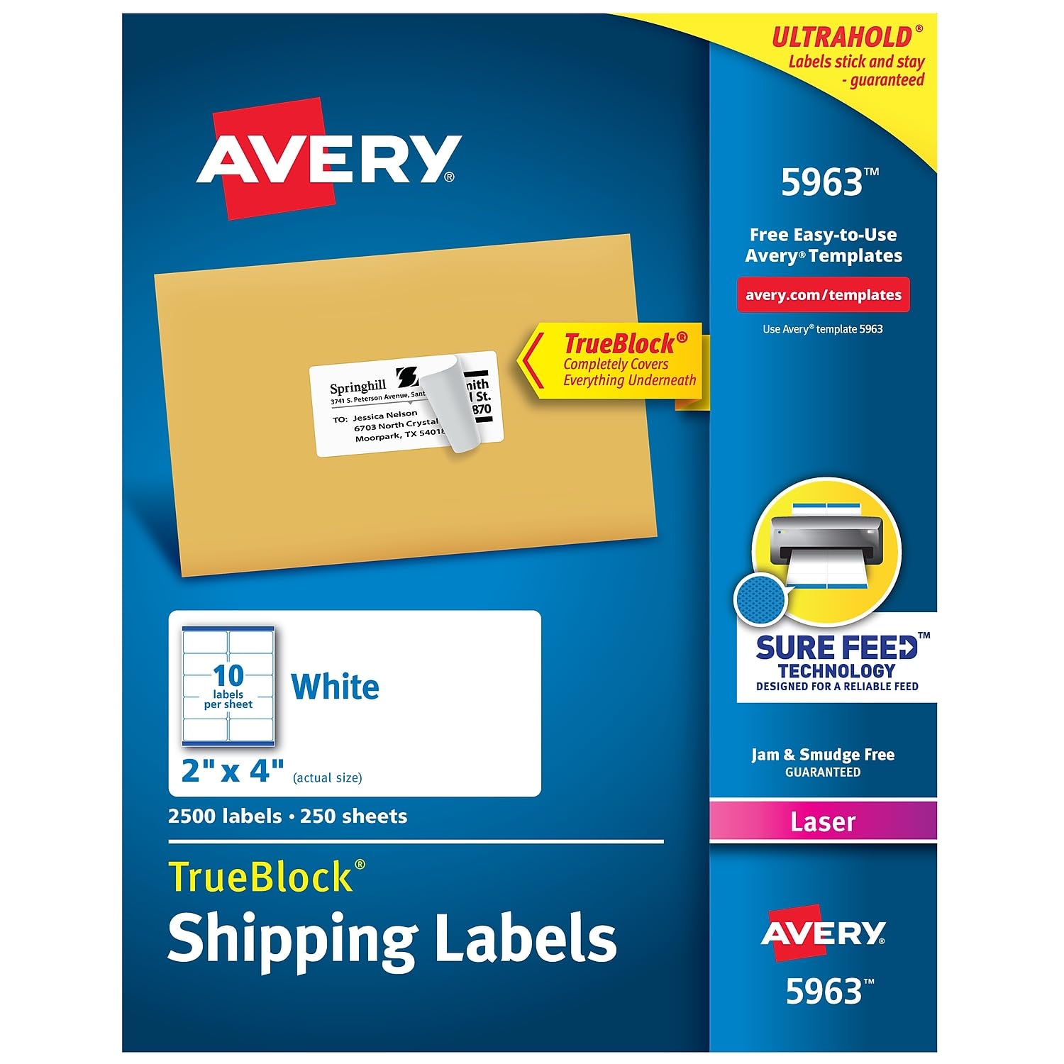 TrueBlock Technology Shipping Labels 2 x 4 Inch - White Adhesive Labels (2500 Labels per Box) for USPS, UPS, FedEx & Amazon FBA Packages - Perfect for E-commerce, Small Business & Home Shipping Needs