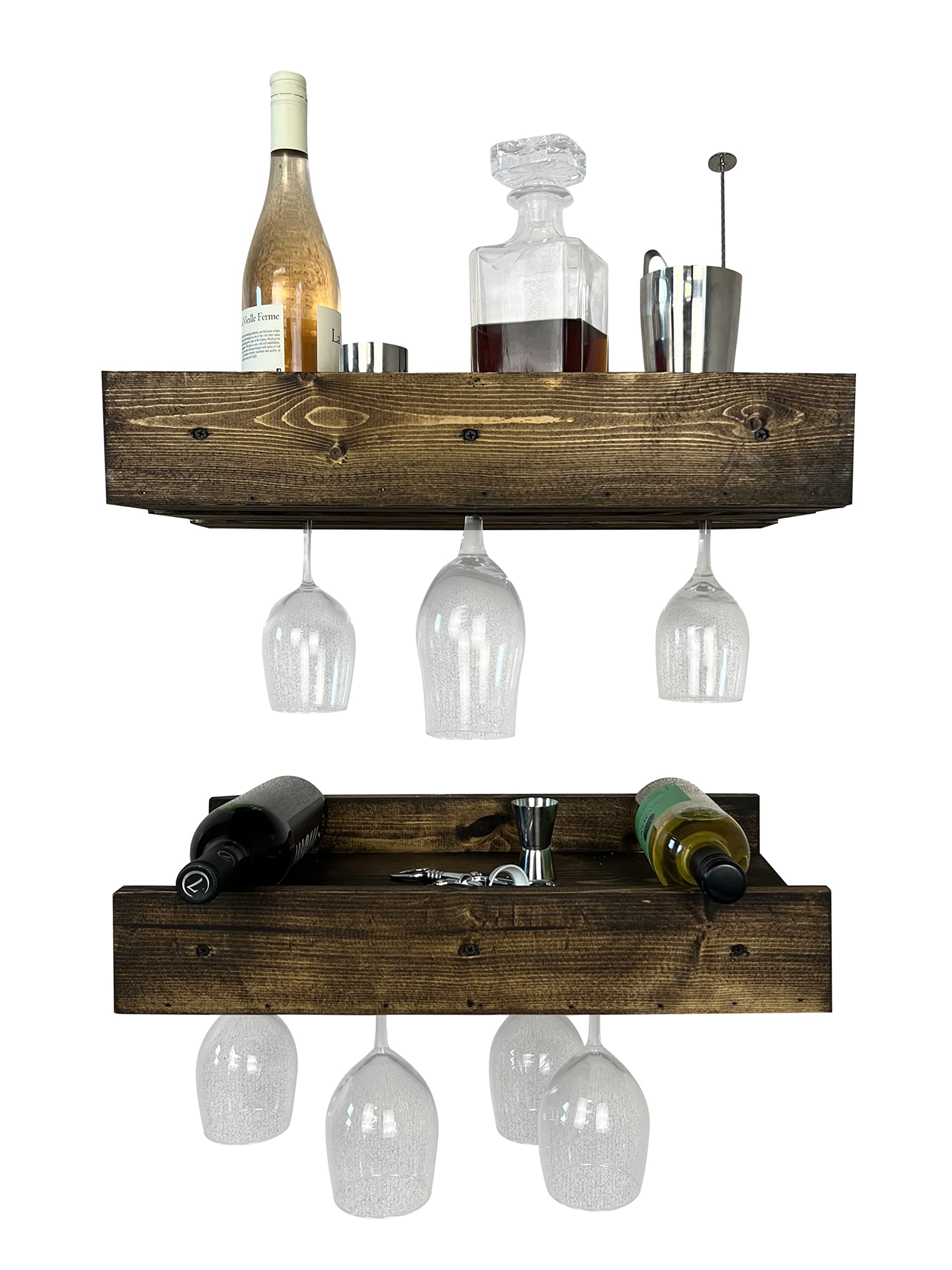 Premium Wooden Stemware Shelves Set of 2 - Wall Mounted Wine Glass Rack for Bar, Kitchen & Dining Room - Pine Wood Decorative Storage (24 inch, Dark Walnut) - Perfect for Home Entertaining & Wine Display