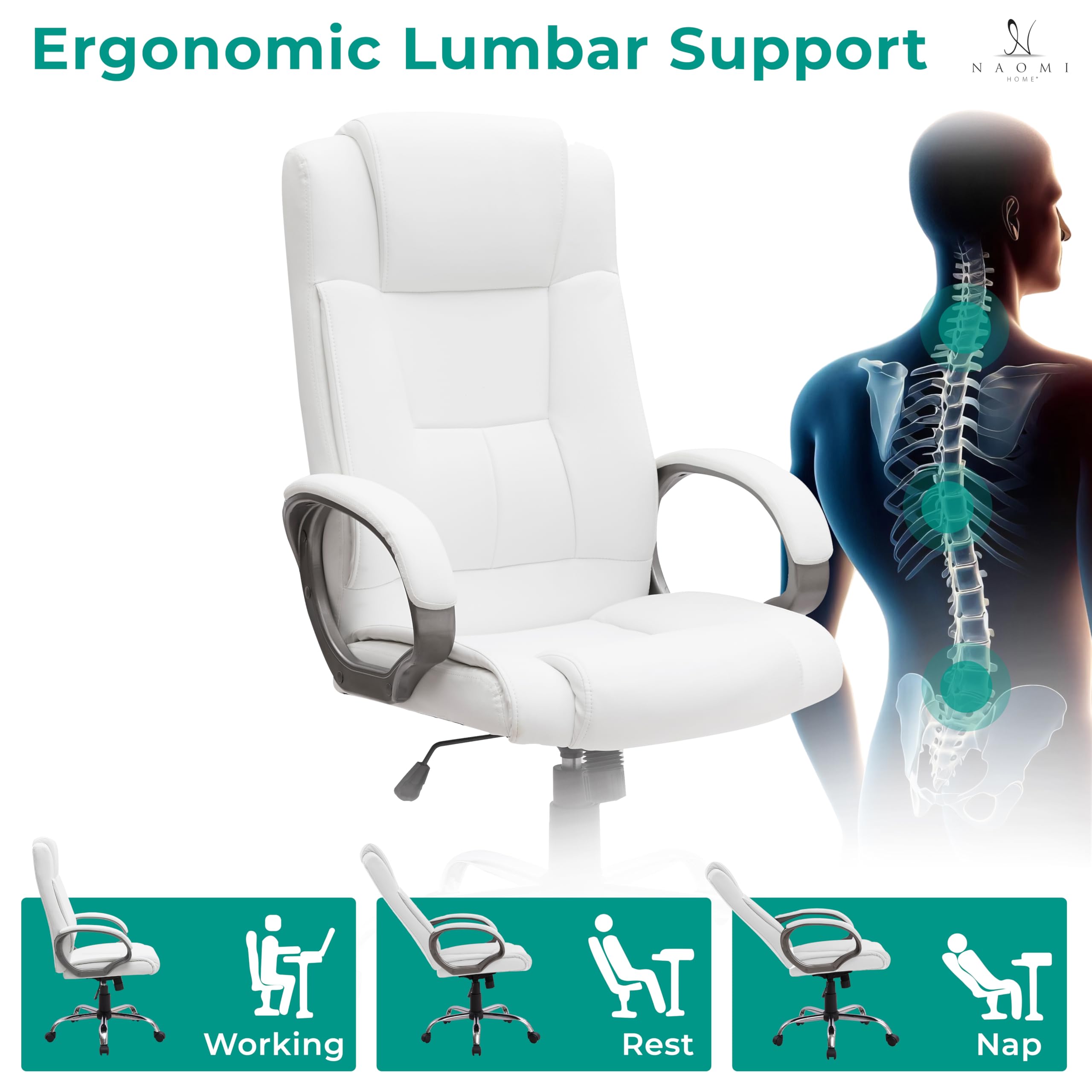 Premium Naomi Home Halle Executive Office Chair - High Back Ergonomic Desk Chair with Adjustable Height, Tilt & 360° Swivel - Lumbar Support & Padded Armrests - White Leather Computer Chair for Home & Office Use - Ideal for Long Work Hours, Gaming & Study Sessions