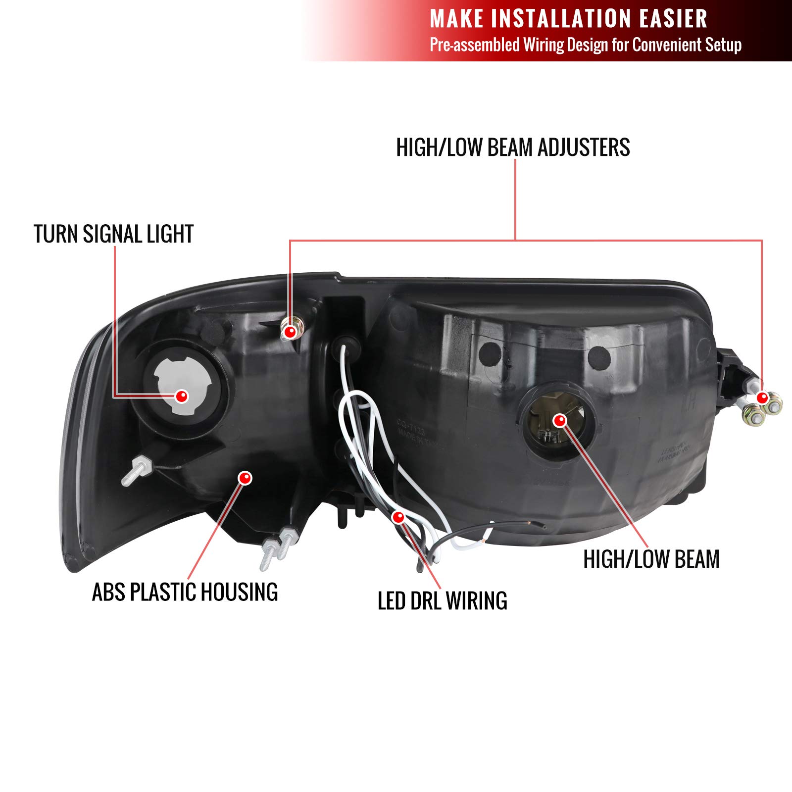 93-97 Ford Ranger Black Clear LED DRL Headlights with Corner Turn Signal Lamps - High Visibility Daytime Running Lights for Off-Road & Night Driving