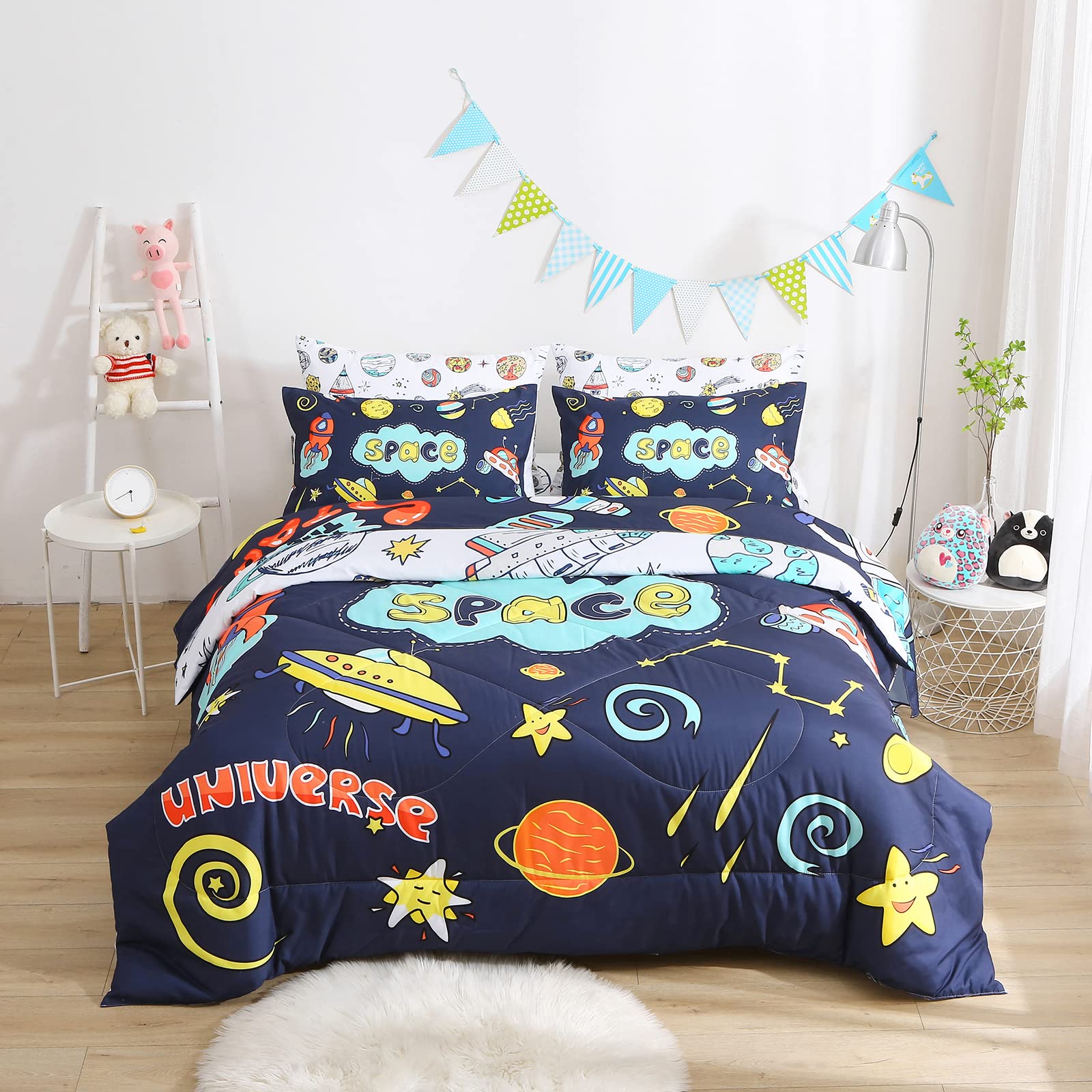 Yasida 7-Piece Twin Space Bedding Set for Kids & Teens - Astronaut Themed Comforter Set with 1 Comforter, 1 Flat Sheet, 1 Fitted Sheet & 4 Pillowcases - Perfect for Boys' Room Decor, Space-Themed Bedrooms & Gift Ideas