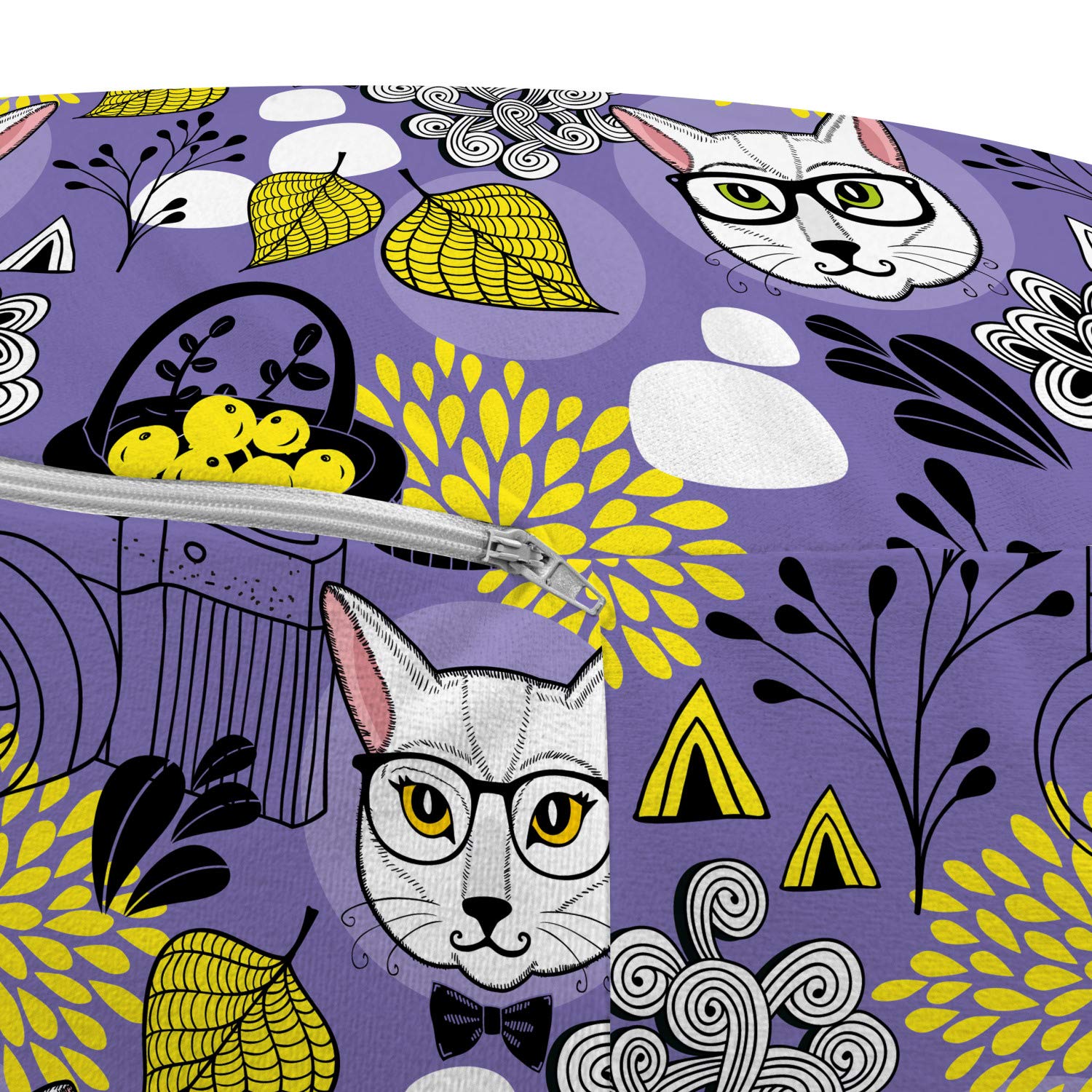 Ambesonne Pop Art Smart Cats Pouf Cover - Purple & Yellow Abstract Design with Autumn Leaves & Cameras, Soft Decorative Fabric Zippered Unstuffed Case (30