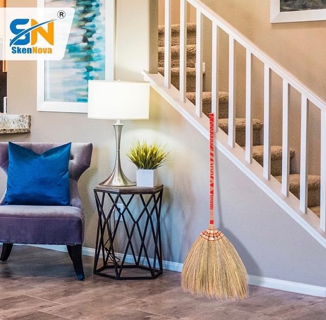 Natural Thai Straw Broom with Bamboo Handle - Handwoven Grass Broom for Sweeping Dirt, Dust & Debris - Traditional Asian Broom for Home Cleaning, Wedding Jumping Broom Ceremony (40