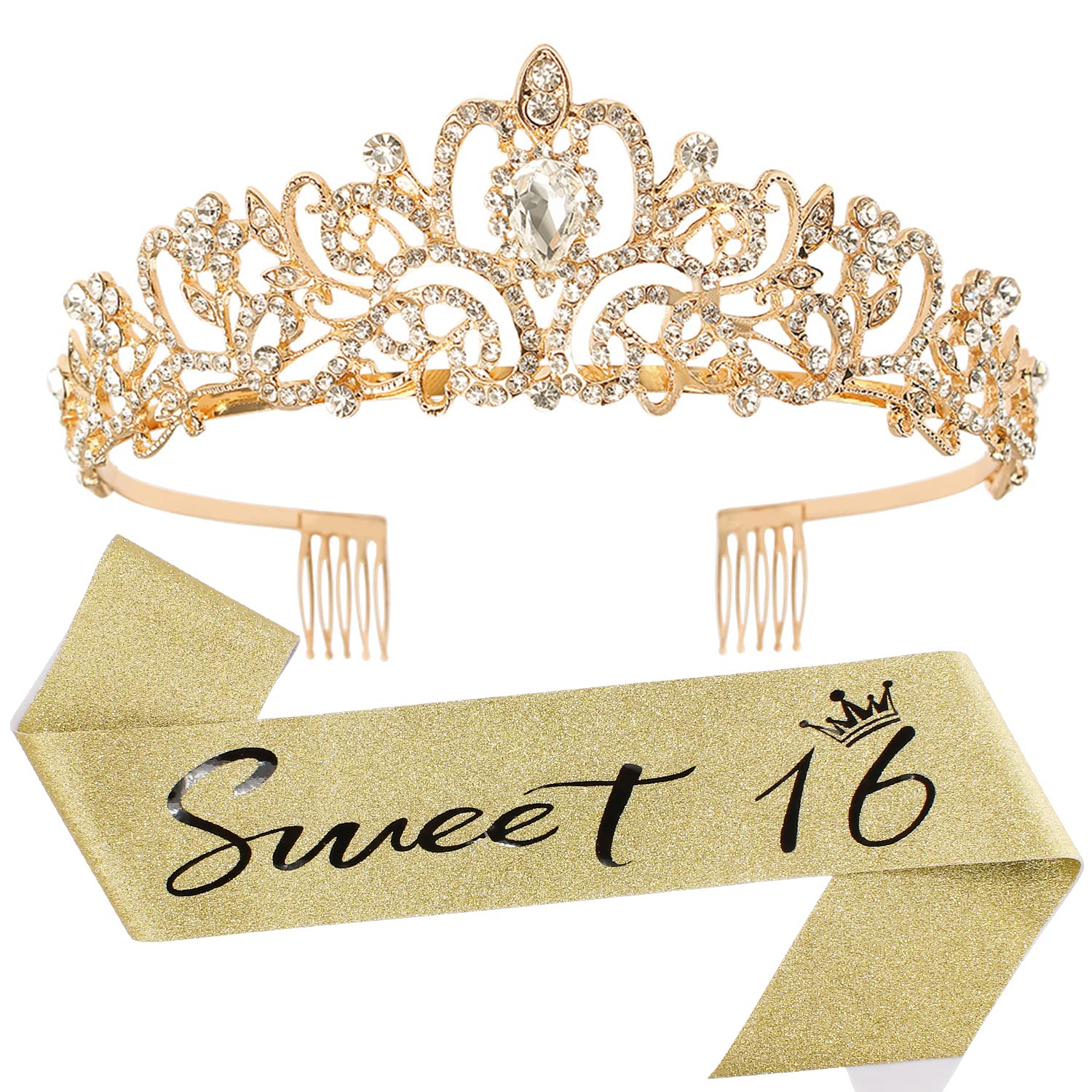 Gold Sweet 16 Birthday Tiara & Sash Set - Elegant 16th Birthday Crown for Women & Girls - Perfect Sweet 16 Party Decorations & Gifts - Great for Birthday Celebrations, Quinceañeras, and Special Milestone Events