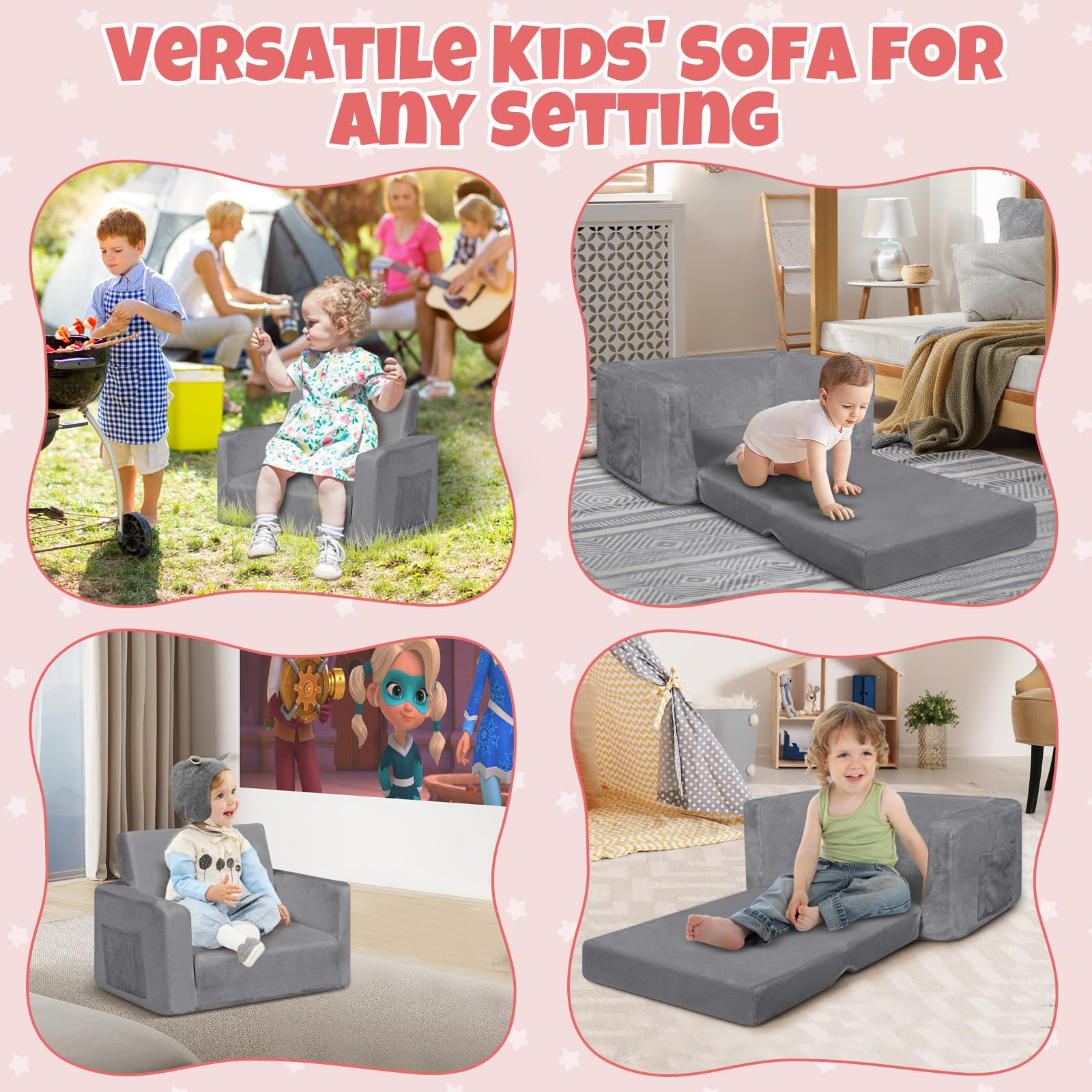 **2-in-1 Toddler Couch & Play Sofa - Soft Sherpa Kids Sofa with Glow-in-The-Dark & Cute Patterns - Foldable Design for Boys & Girls - Perfect Gift for Kids - Ideal for Playrooms, Bedrooms & Movie Nights**