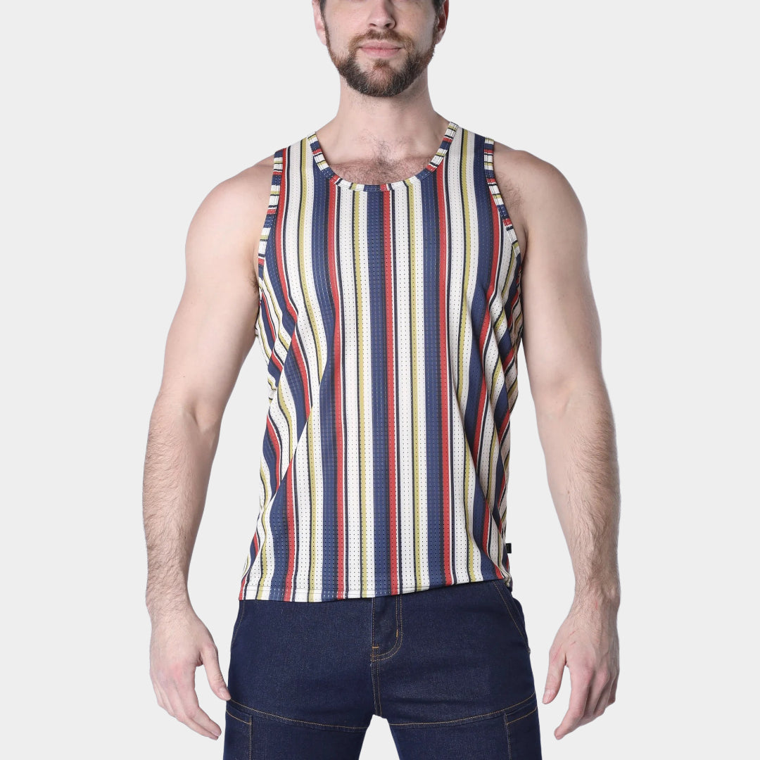 Timoteo Balboa Mesh Tank Top for Men - Navy & Tan Striped Breathable Summer Shirt for Casual Wear, Gym, and Beach Outfits