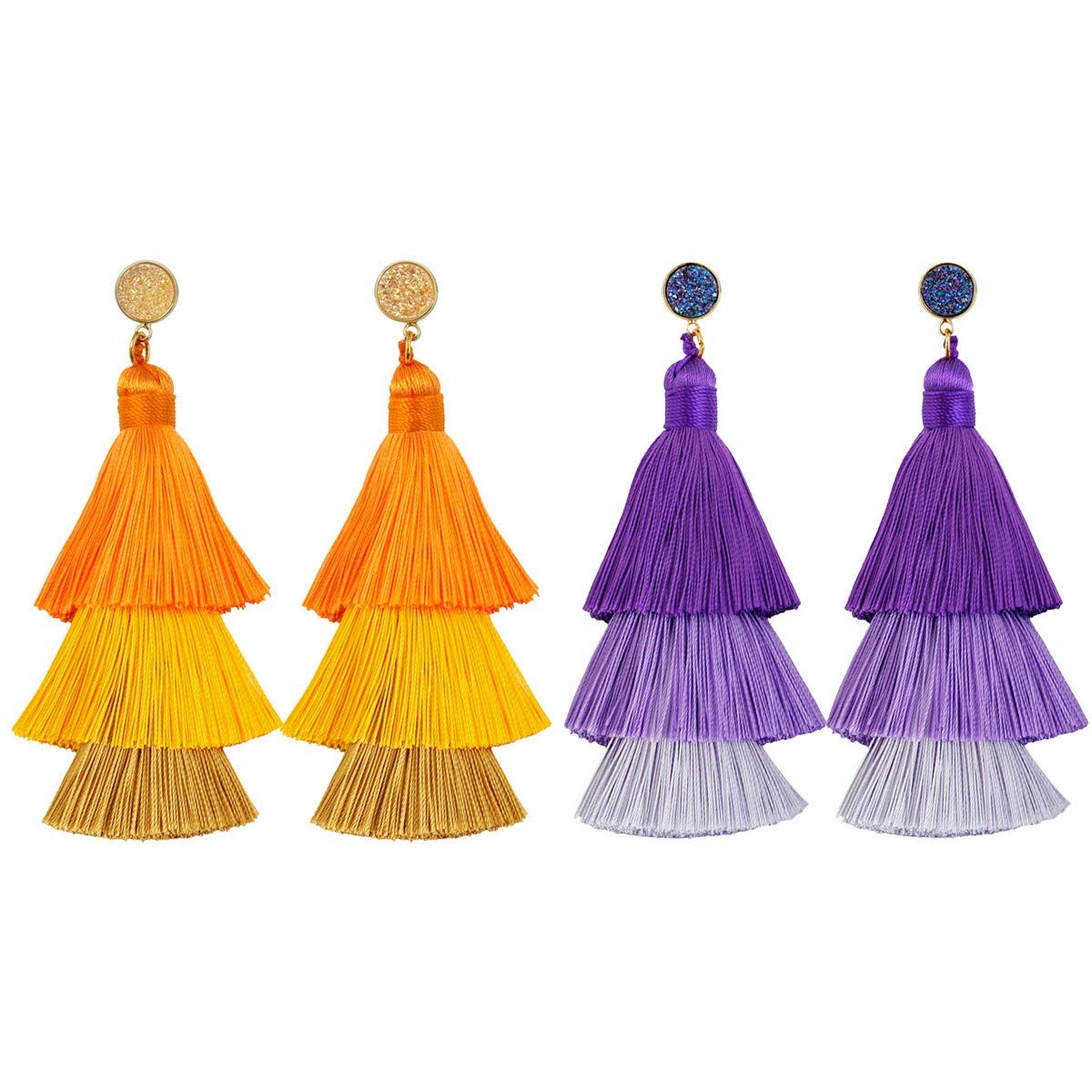 Nupuyai 2 Pairs Bohemian Layered Tassel Earrings for Women - 3 Tier Dangle Drop Earrings Set with Druzy Studs in Purple & Orange | Perfect for Festival, Party & Boho Fashion Accessories