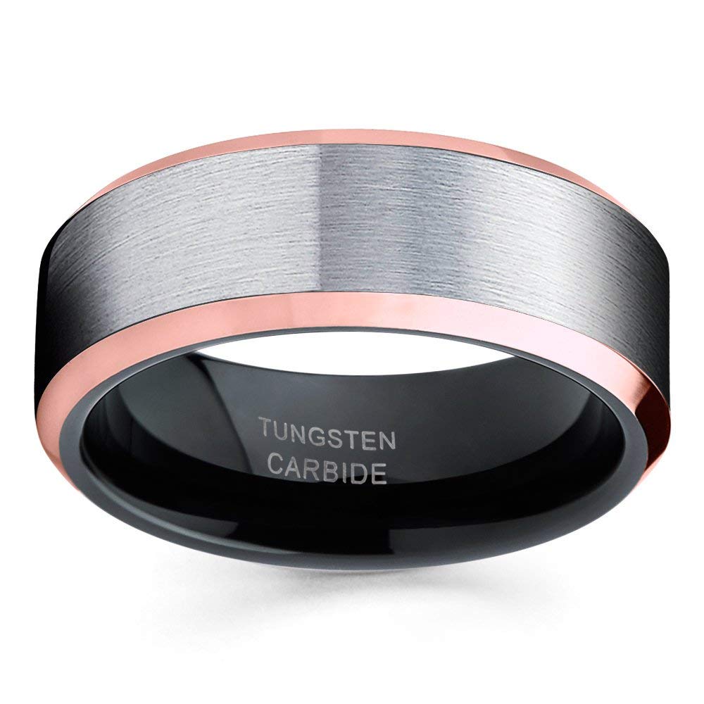 Rose Gold Tungsten Wedding Band for Men & Women - 18k Rose Gold Plated Black Tungsten Carbide Ring - Anniversary, Engagement, Wedding Ring - Comfort Fit - Perfect for Everyday Wear & Special Occasions