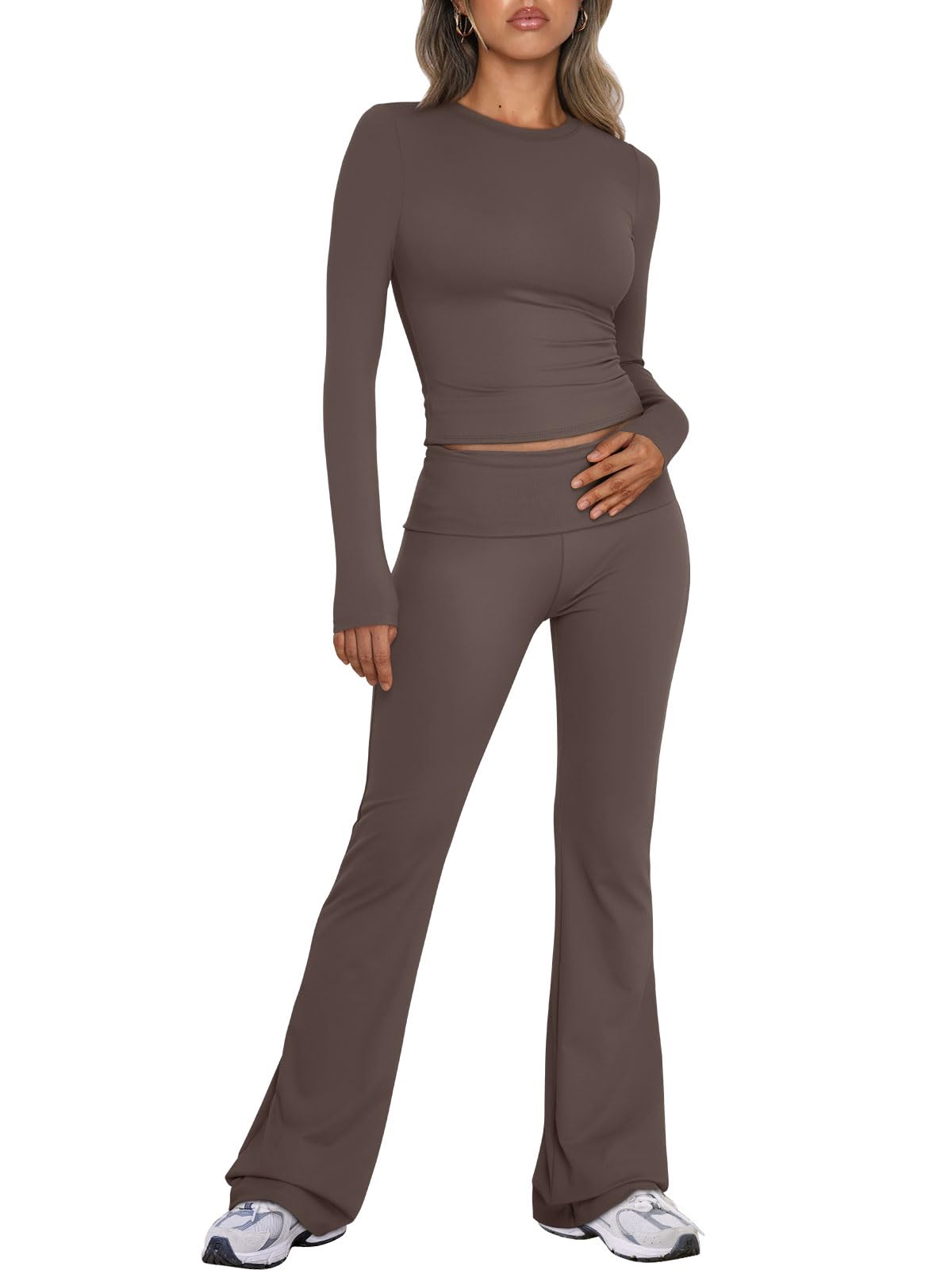 Trendy Queen Women's 2-Piece Lounge Set - Long Sleeve Shirt & Fold-Over Yoga Pants | Soft Comfort Outfit for Home, Workout & Casual Wear | Perfect for Yoga, Running Errands & Relaxing at Home