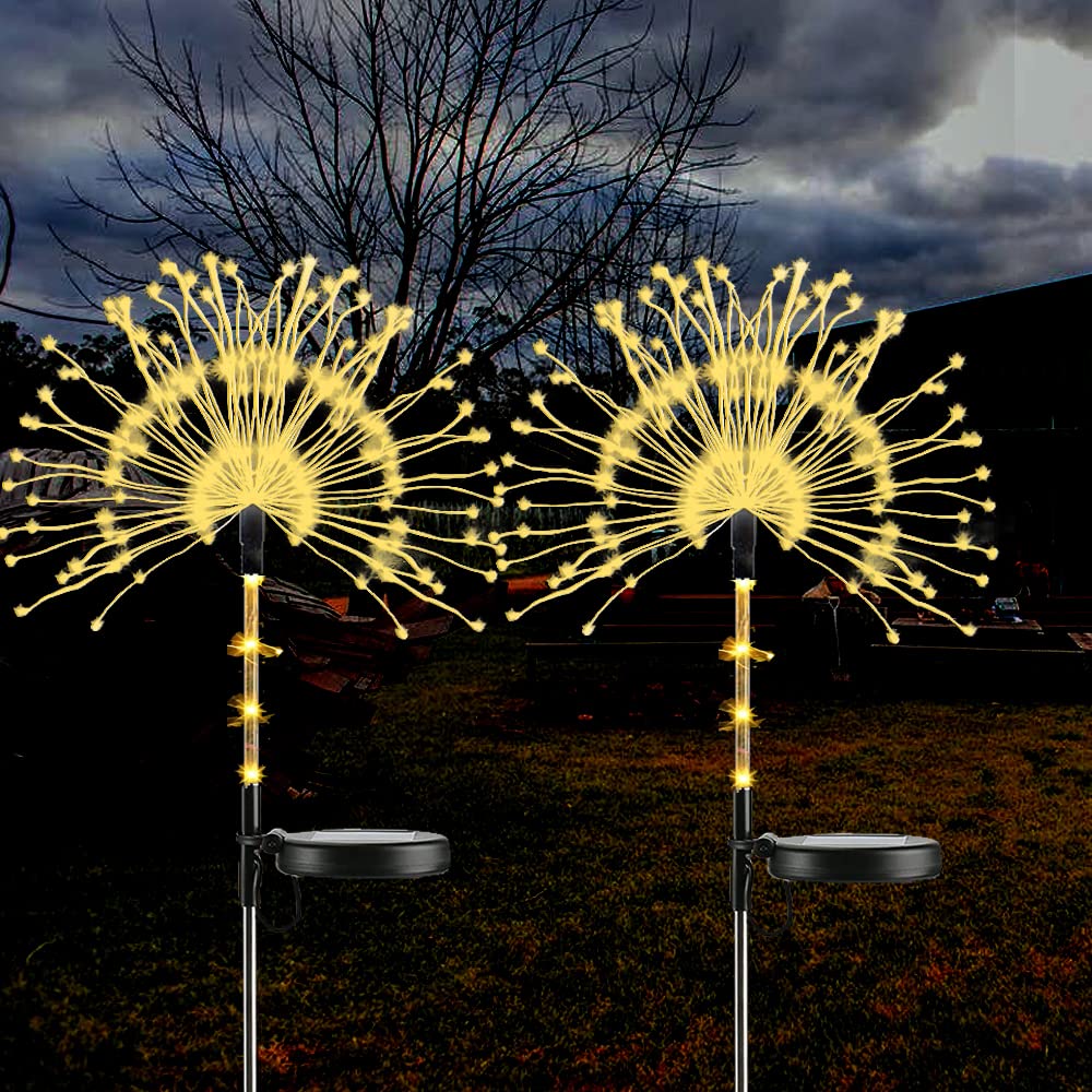 XVZ Solar Garden Lights - 2 Pack 120 LED Solar Powered Firework Lights with 2 Modes, Waterproof Outdoor Decorative Lighting for Walkway, Pathway, Backyard, Christmas & Party Decor (Warm White) - Perfect for Landscape Lighting, Patio Ambiance & Holiday Celebrations