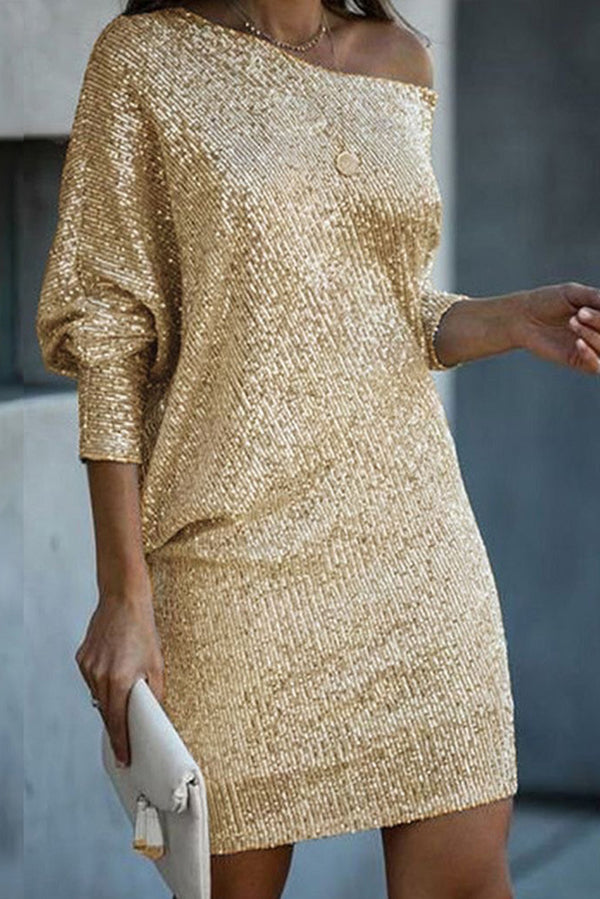 Elegant Solid Sequined Off-Shoulder Loose Mini Dress for Women - Perfect for Parties, Date Nights & Special Occasions