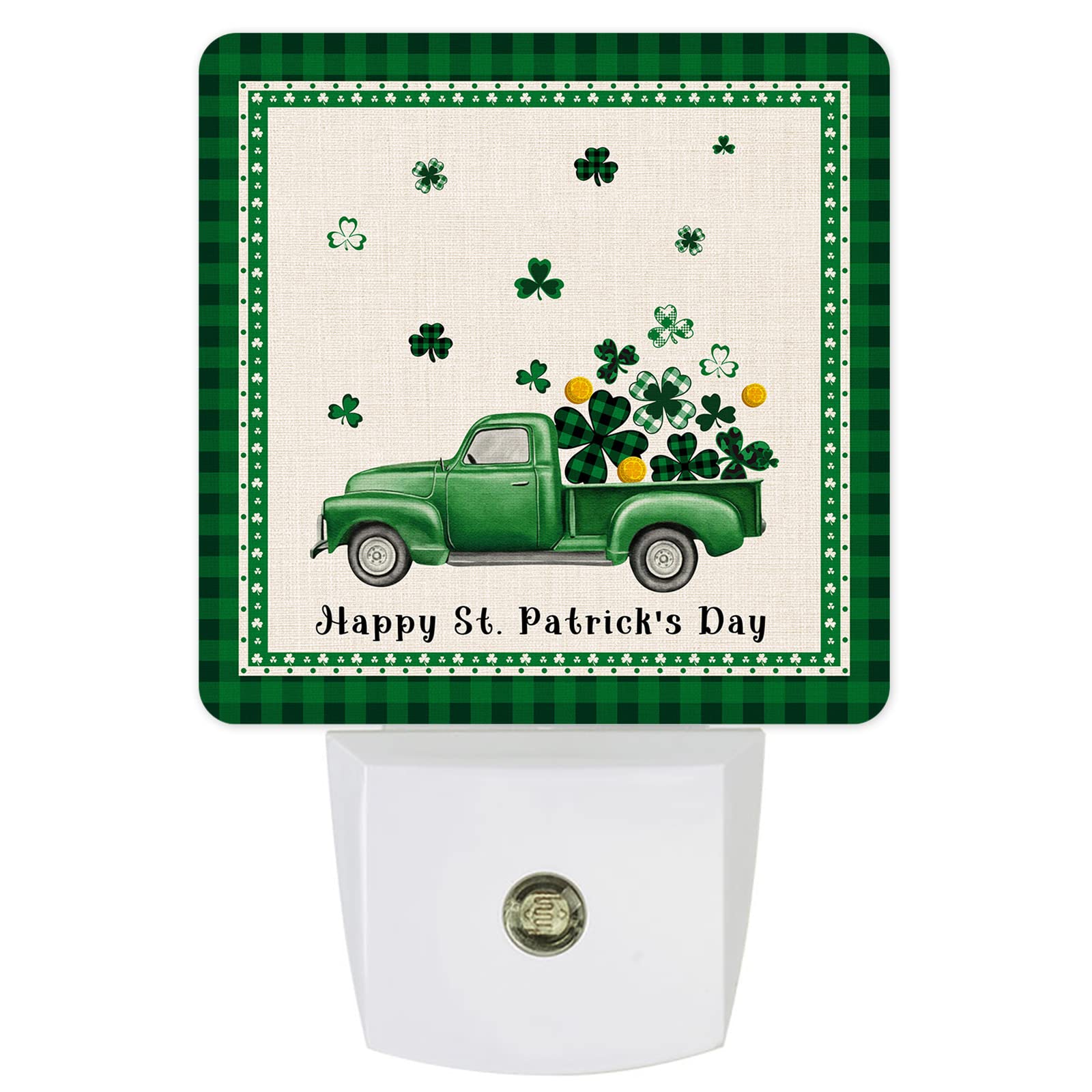 LED Night Light Plug-in with Auto Sensor | Happy St. Patrick's Day Green Truck & Lucky Shamrocks | Kids Bedroom, Bathroom, Hallway Night Lamp | Home Decor for Nursery, Stairs & Dark Spaces