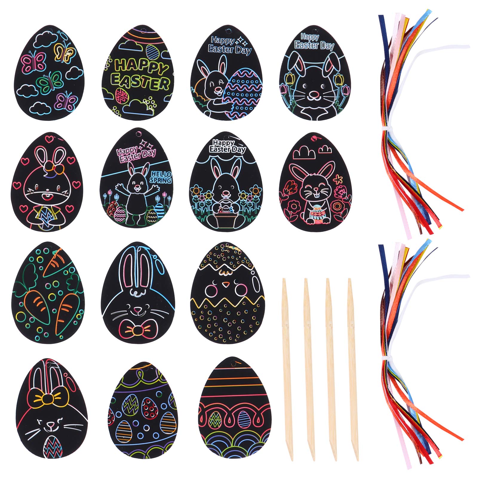 Jojofuny Easter Rainbow Scratch Card Set - 60pcs DIY Easter Crafts Kit with Rainbow Rope & Egg Scratch Cards for Kids Art Activities | Fun Classroom, Party & Holiday Creative Games