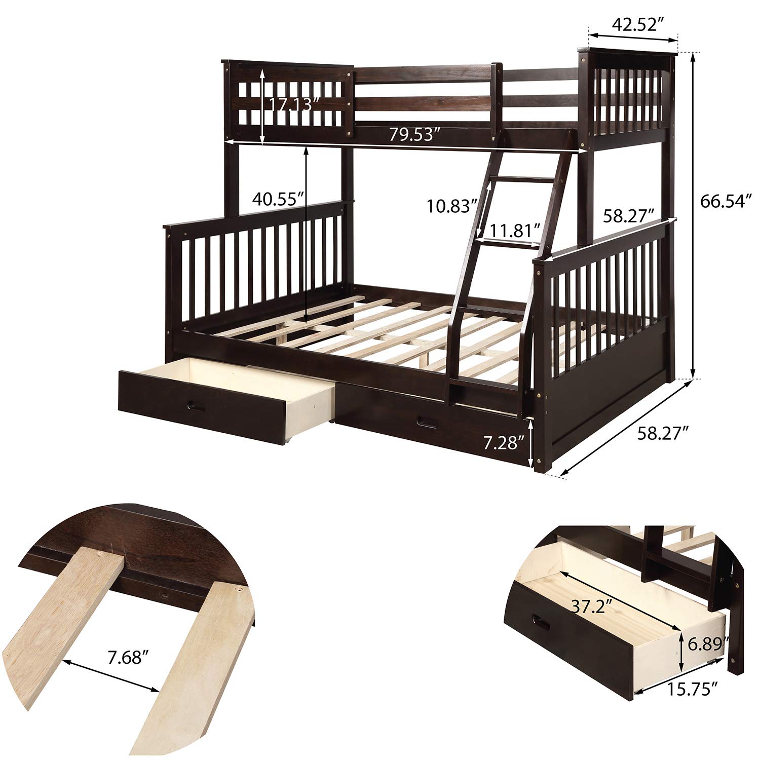 Harper & Bright Designs Twin Over Full Bunk Bed with Storage Drawers - Solid Wood Bunk Bed Frame with Ladder - Space Saving Kids Bedroom Furniture in Espresso Finish - Perfect for Shared Kids Rooms, Guest Rooms & Small Spaces