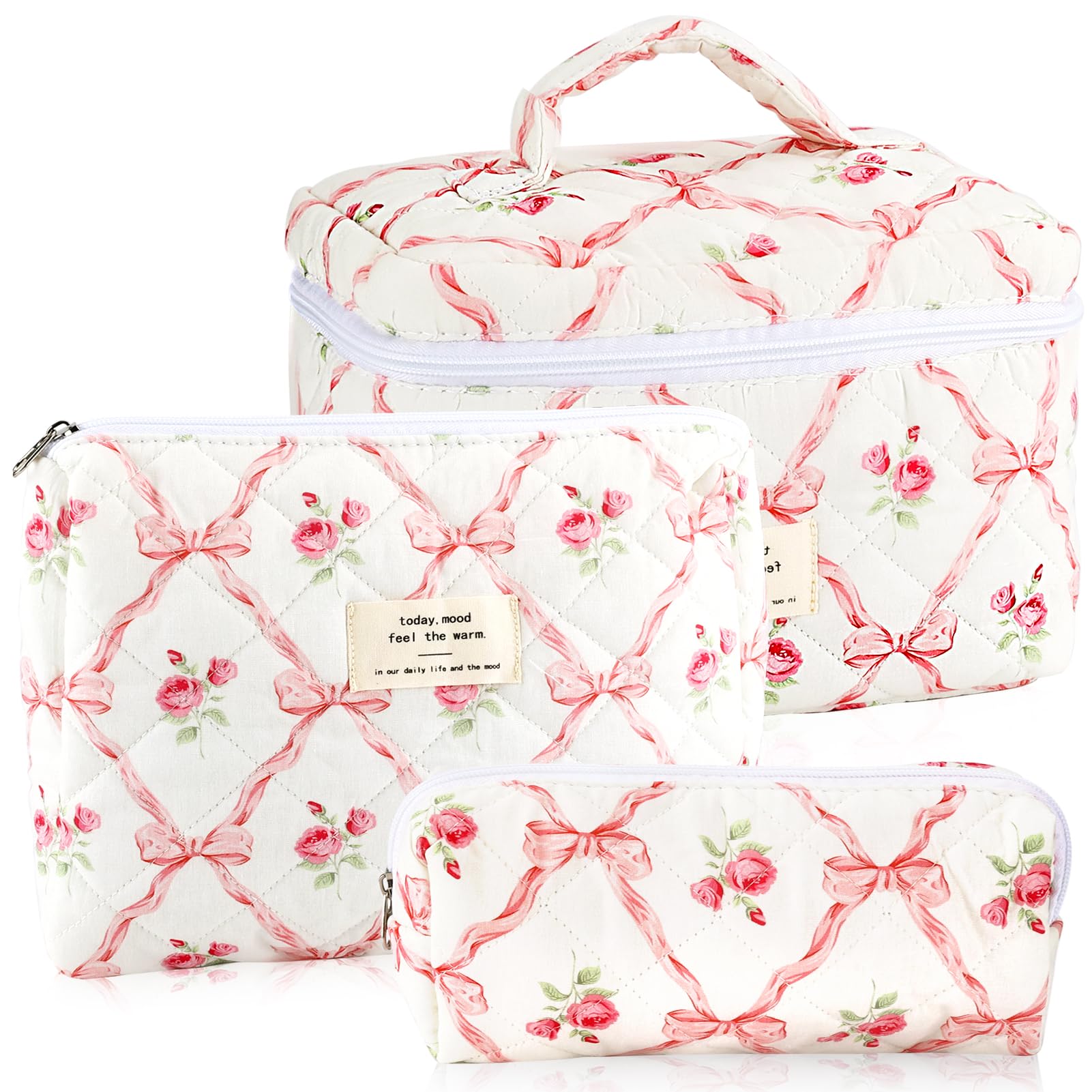 3Pcs Cotton Quilted Makeup Bags Set for Women & Girls - Large & Small Floral Cosmetic Organizers, Cute Pink Travel Toiletry Pouches for Purse, Aesthetic Cloth Storage | Perfect for Travel, Gym, Daily Use & Gift Giving