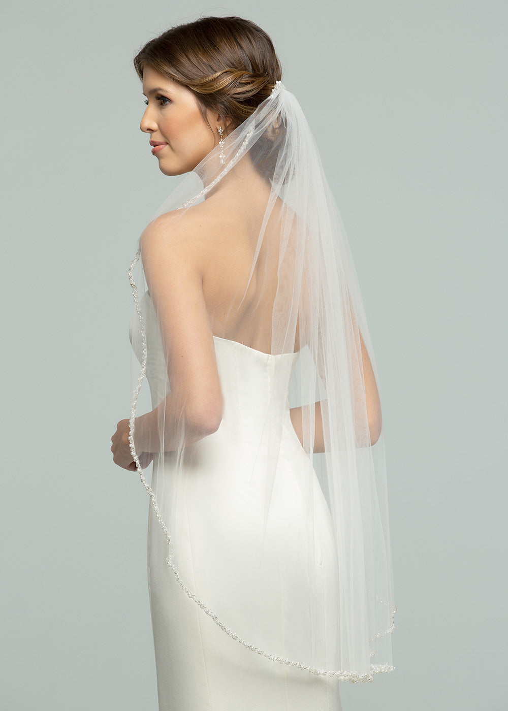 Elegant V1021 Fingertip Veil with Delicate Beading - Perfect for Weddings, Bridal Showers & Formal Events