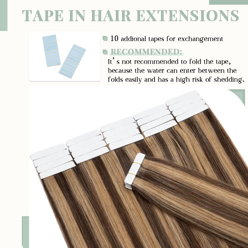 20pcs Tape in Hair Extensions 20 Inch - 100% Remy Human Hair, Double Sided, Seamless, Balayage Medium Brown with Dark Blonde Highlights (#4P27) - Perfect for Parties, Weddings & Everyday Styling