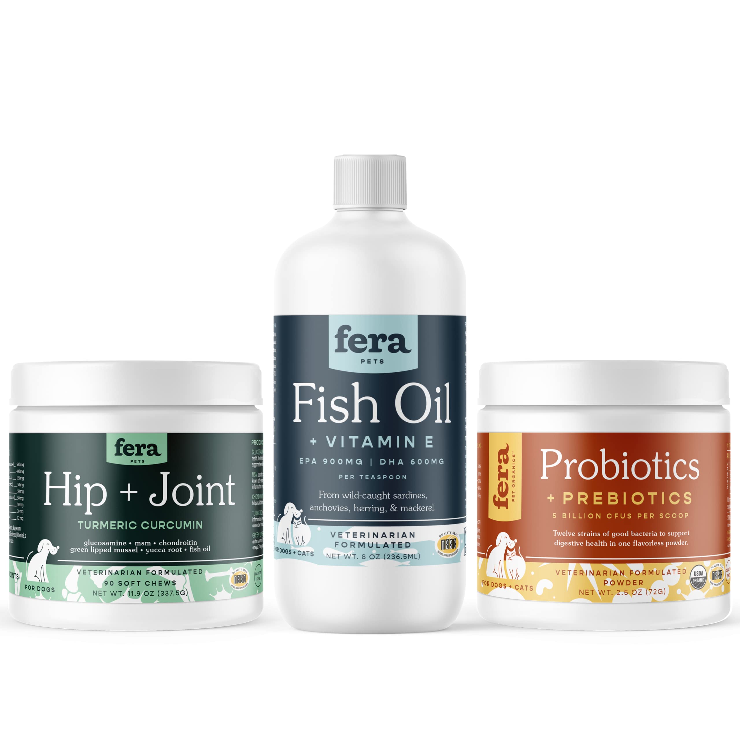 Fera Pet Organics Health Essentials Supplement Bundle for Dogs and Cats - Omega 3 Fish Oil with EPA & DHA (8oz), Organic Probiotics with Prebiotics (60 Scoops), Hip & Joint Soft Chews (90 Count) - Supports Digestive Health, Skin & Coat, Joint Mobility - Perfect for Daily Pet Wellness Routine