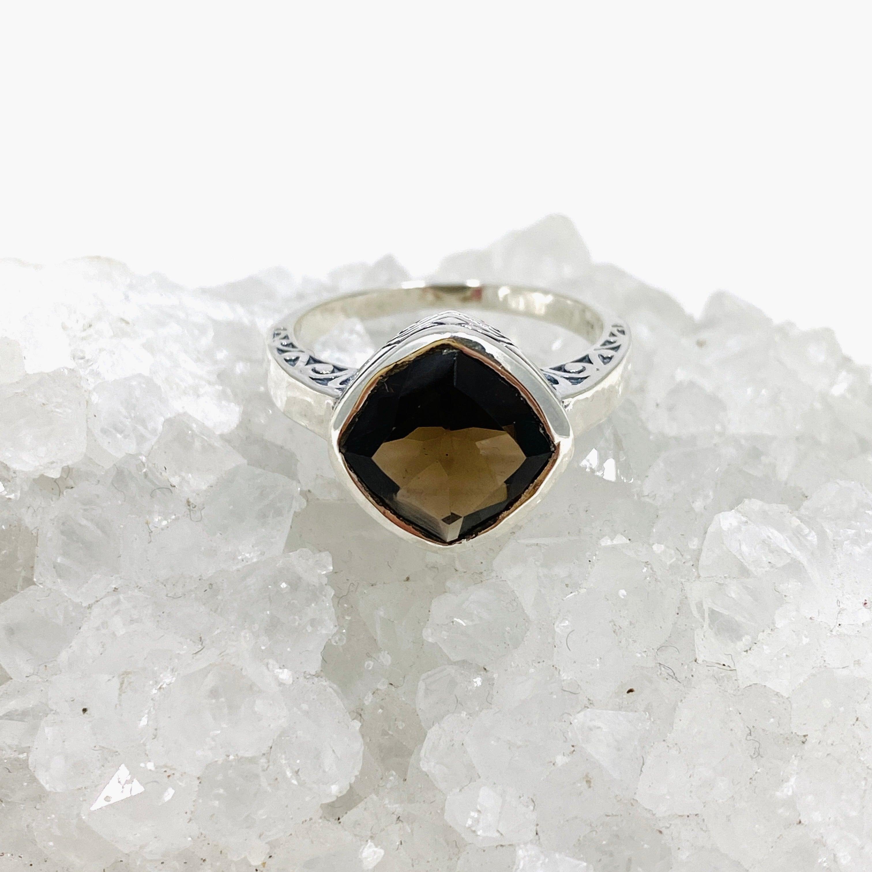 Smokey Quartz Boho Style Square Ring R3911 - Elegant Bohemian Jewelry for Women, Perfect for Casual Wear, Parties & Gifts