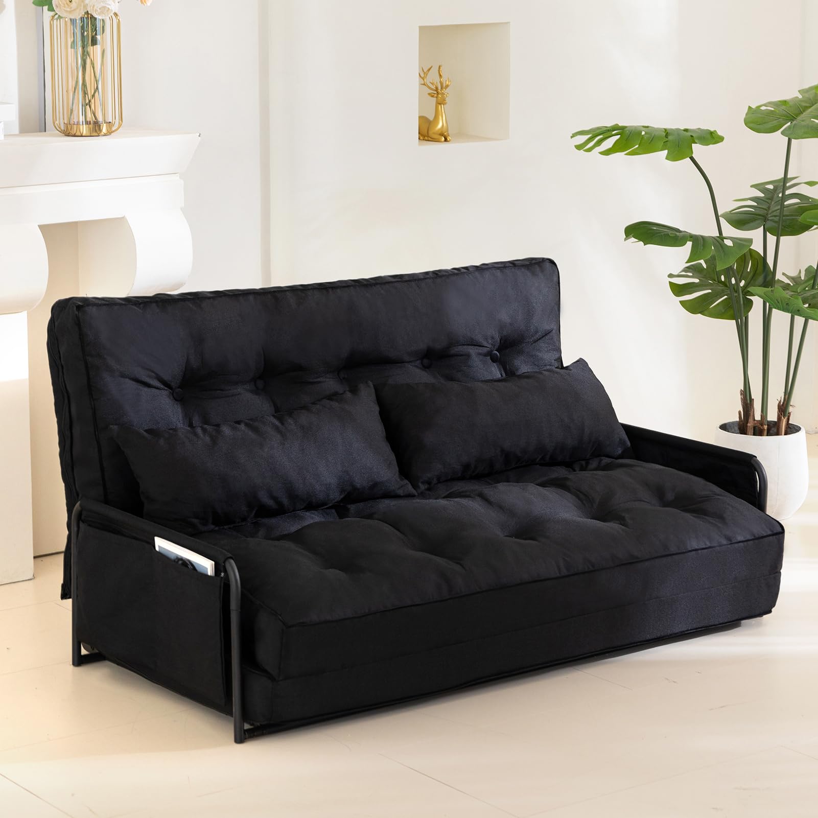 MAXYOYO Adjustable Floor Sofa Bed - Multi Functional Folding Couch with 2 Pillows (Black) | Perfect for Small Spaces, Guest Room & Living Room Lounging