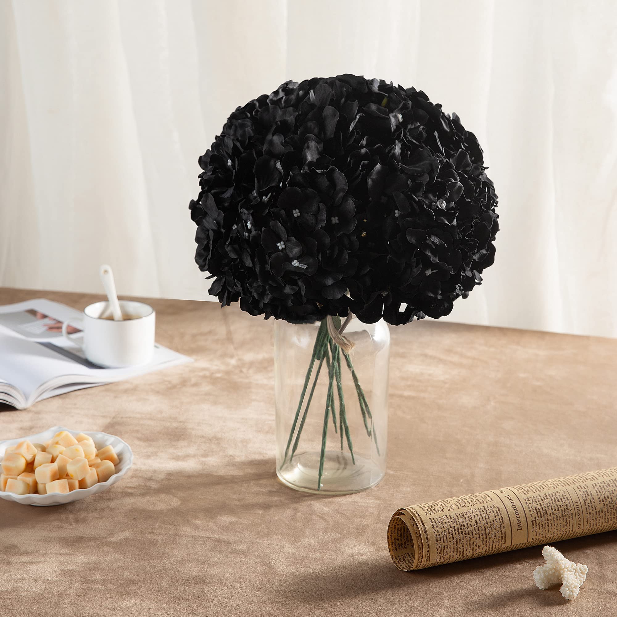 10pcs Black Hydrangea Silk Flower Heads with Stems - Artificial Wedding Flowers for Home Decor, Party & Baby Shower Arrangements - Perfect for Centerpieces, Bouquets and DIY Floral Projects