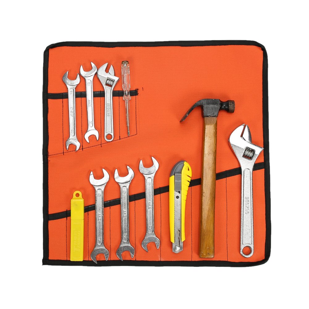 Heavy Duty Oxford Tool Roll Pouch - 12 Pocket Wrench Organizer Bag, Set of 4 (Orange) - Perfect for Mechanics, DIY Projects & Tool Storage (HGJ73)