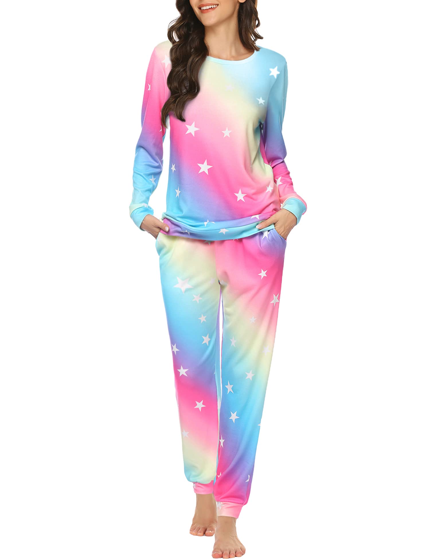 Ekouaer Women's Long Sleeve Pajama Set - Soft Star Print Sleepwear with Pockets | Cozy Nightwear & Lounge Wear for Relaxing at Home