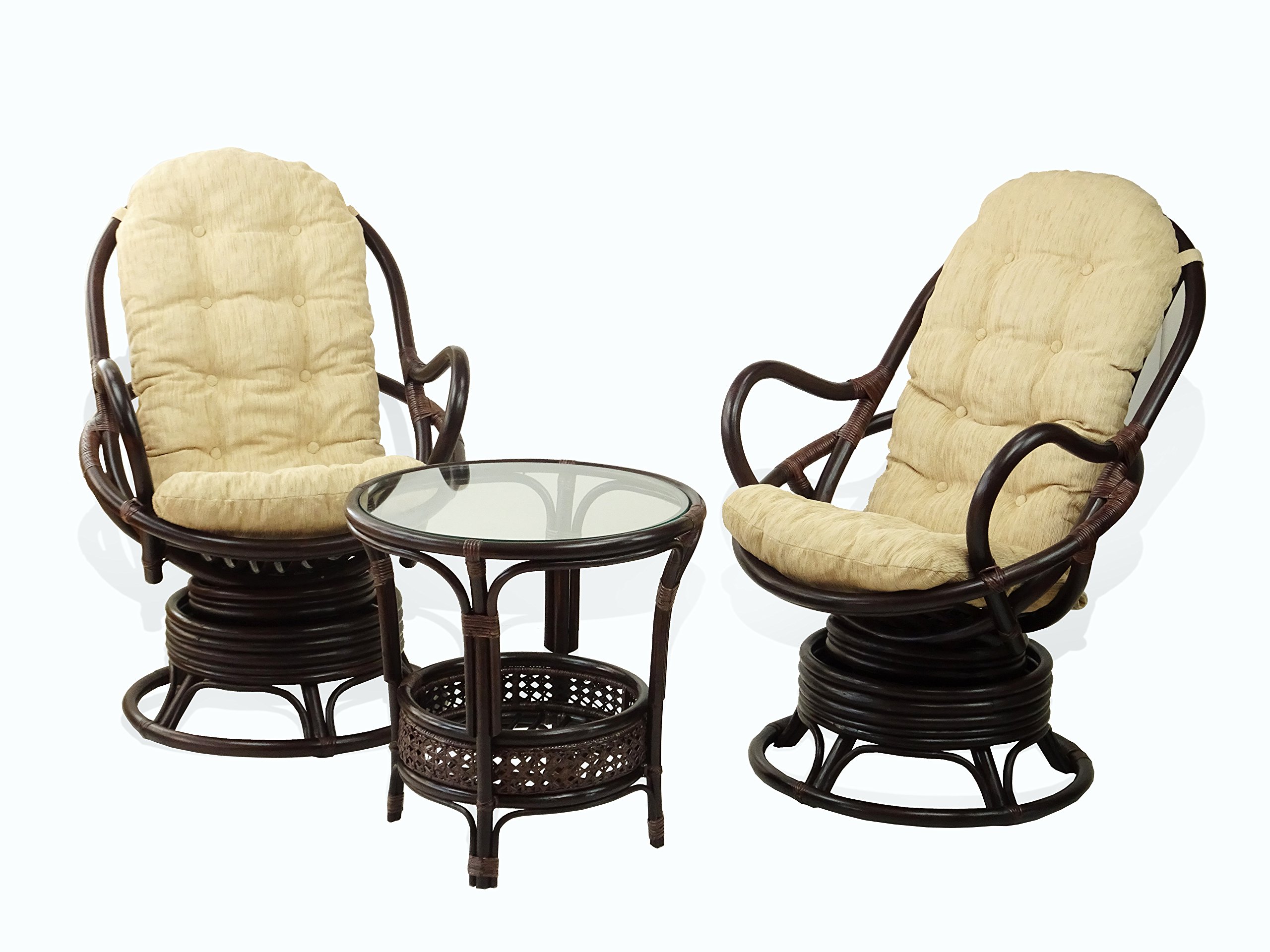 Natural Rattan Wicker Swivel Rocking Chair with Cream Cushion - Dark Brown Lounge Java Chair for Living Room, Patio, or Sunroom Relaxation