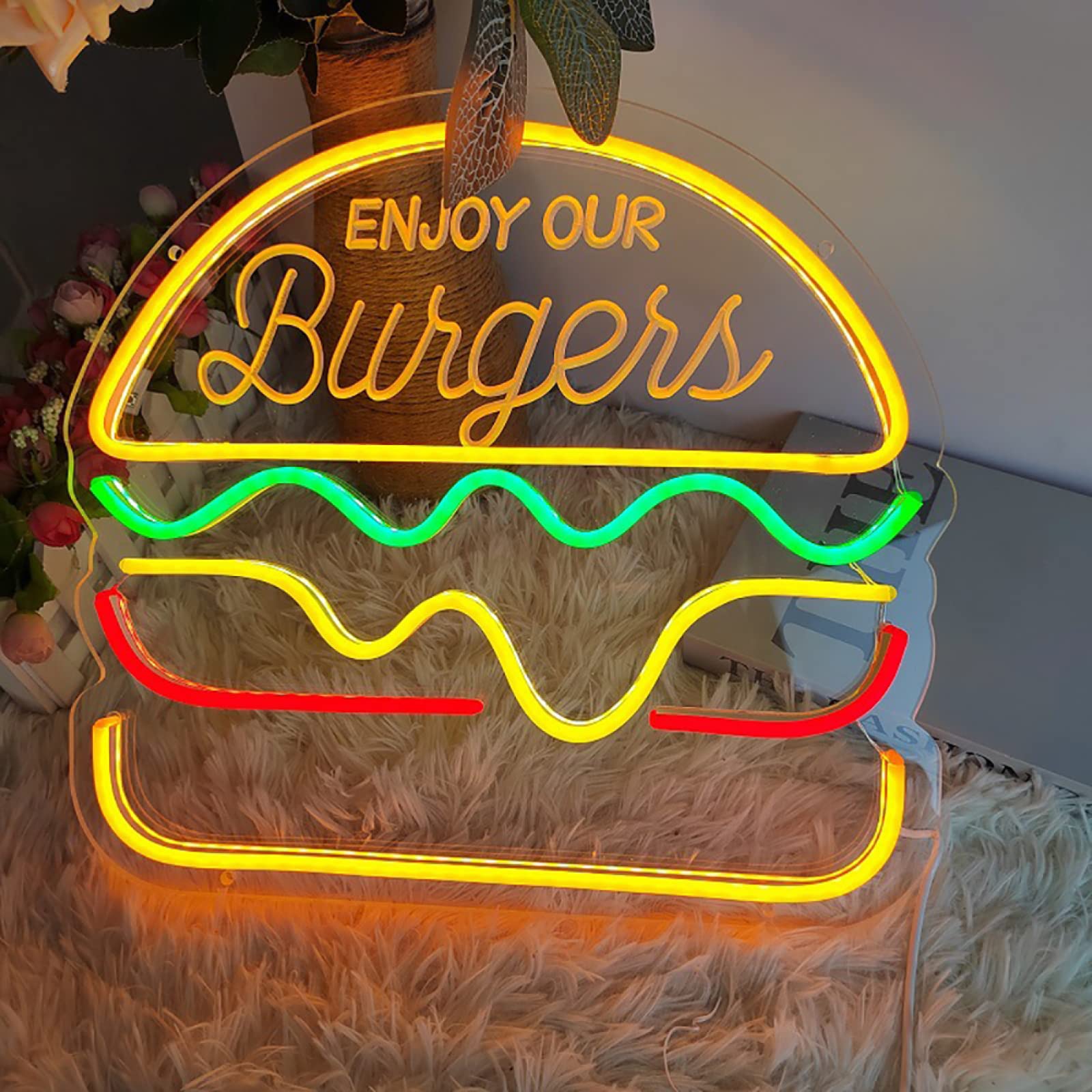 Creative LED Burger Neon Sign - USB Powered Dimmable Acrylic Wall Light for Home Bar, Restaurant & Cafe Decor - 30x26.5cm (11.8x10.4in) Retro Fast Food Themed Ambient Lighting for Kitchen, Diner & Man Cave