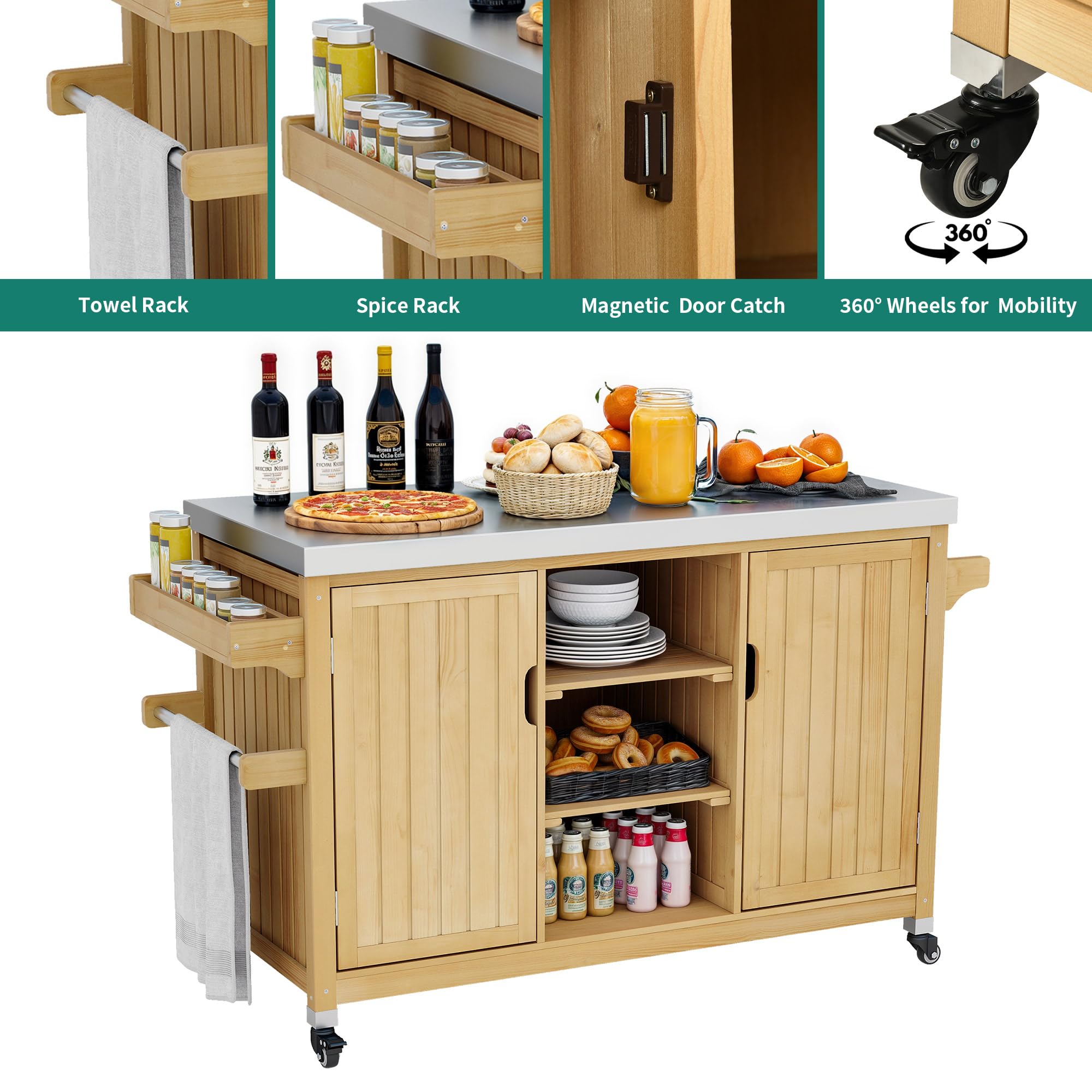 YITAHOME Solid Wood Patio Bar Table - XL Outdoor Storage Cabinet with Spice Rack & Side Handle - Large Space Portable Kitchen Island for Patio, Garden, Porch, Balcony - Perfect for Outdoor Entertaining & Small Space Storage