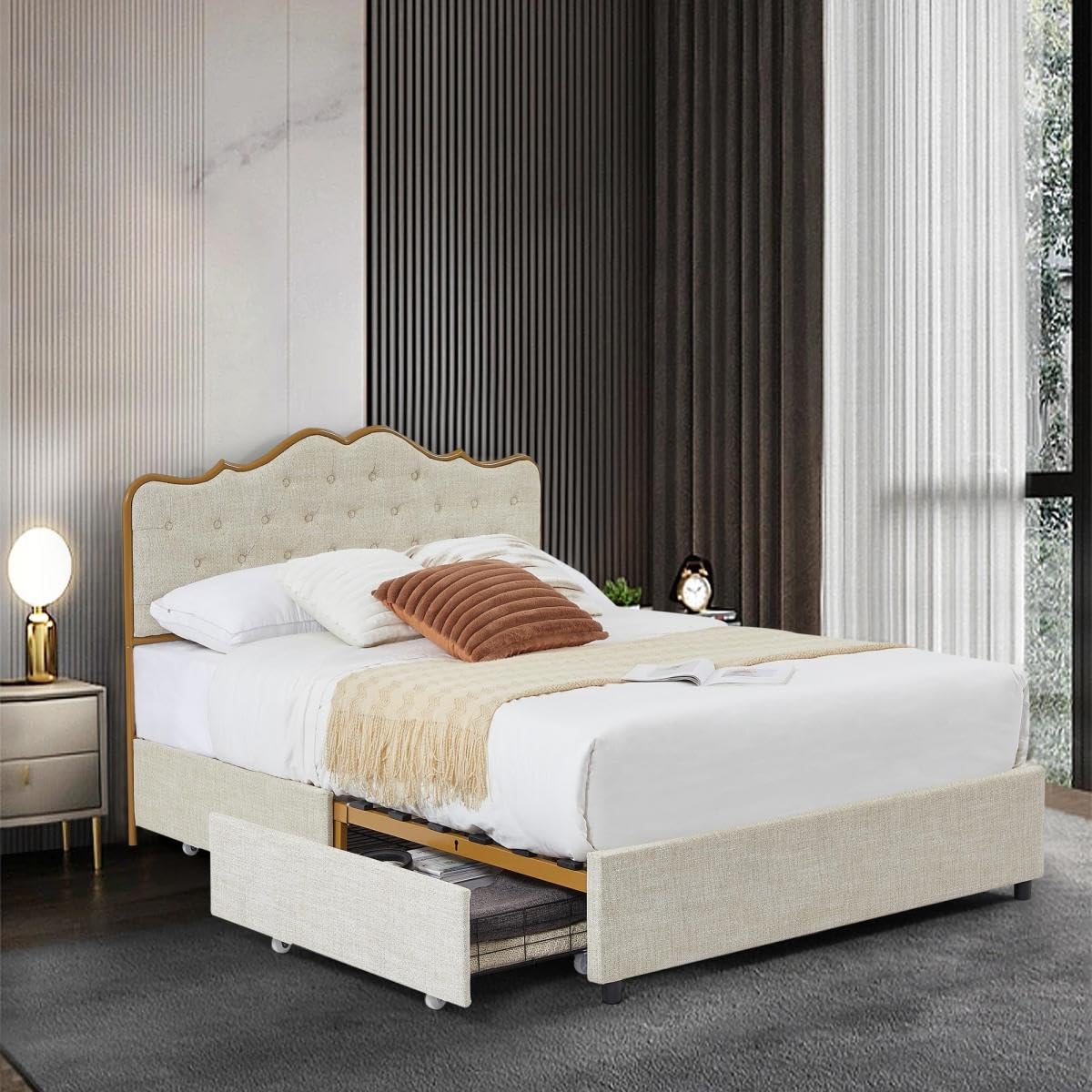 Dolonm Full Size Classic Buckle Platform Bed Frame with 4 Storage Drawers, Metal Frame & Wooden Slats Support - Beige & Yellow Leather Upholstered Headboard - Perfect for Small Bedrooms, Guest Rooms & Dormitories
