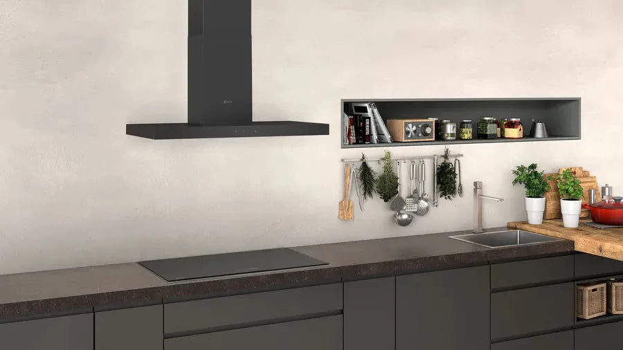 Neff 90cm Black Canopy Range Hood - N50 D94BHM1S5 | Powerful Kitchen Exhaust Fan for Smoke & Odor Removal | Perfect for Modern Home Cooking & Grilling
