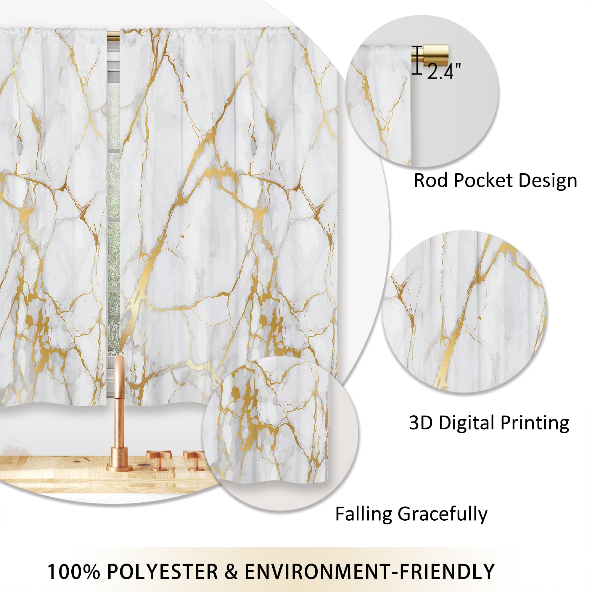 Luxury Gold Marble Kitchen Curtains - Modern Abstract Golden Short Cafe Window Drapes with White Texture & Rod Pocket - Bathroom Tier Curtains Set of 2 Panels (27.5x39 Inch) - Perfect for Kitchen, Cafe, Bathroom & Living Room Decor