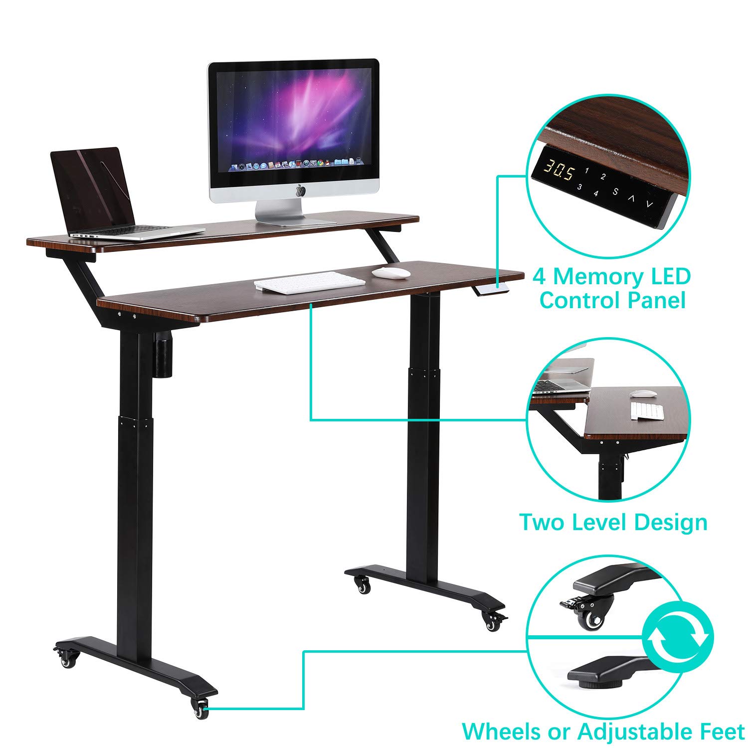 UNICOO Electric Height Adjustable 2-Tier Standing Desk with Wheels - Mobile Workstation with Monitor Stand, Ergonomic Home Office Desk for Gaming & Working - Perfect for Small Spaces & Remote Work Setup