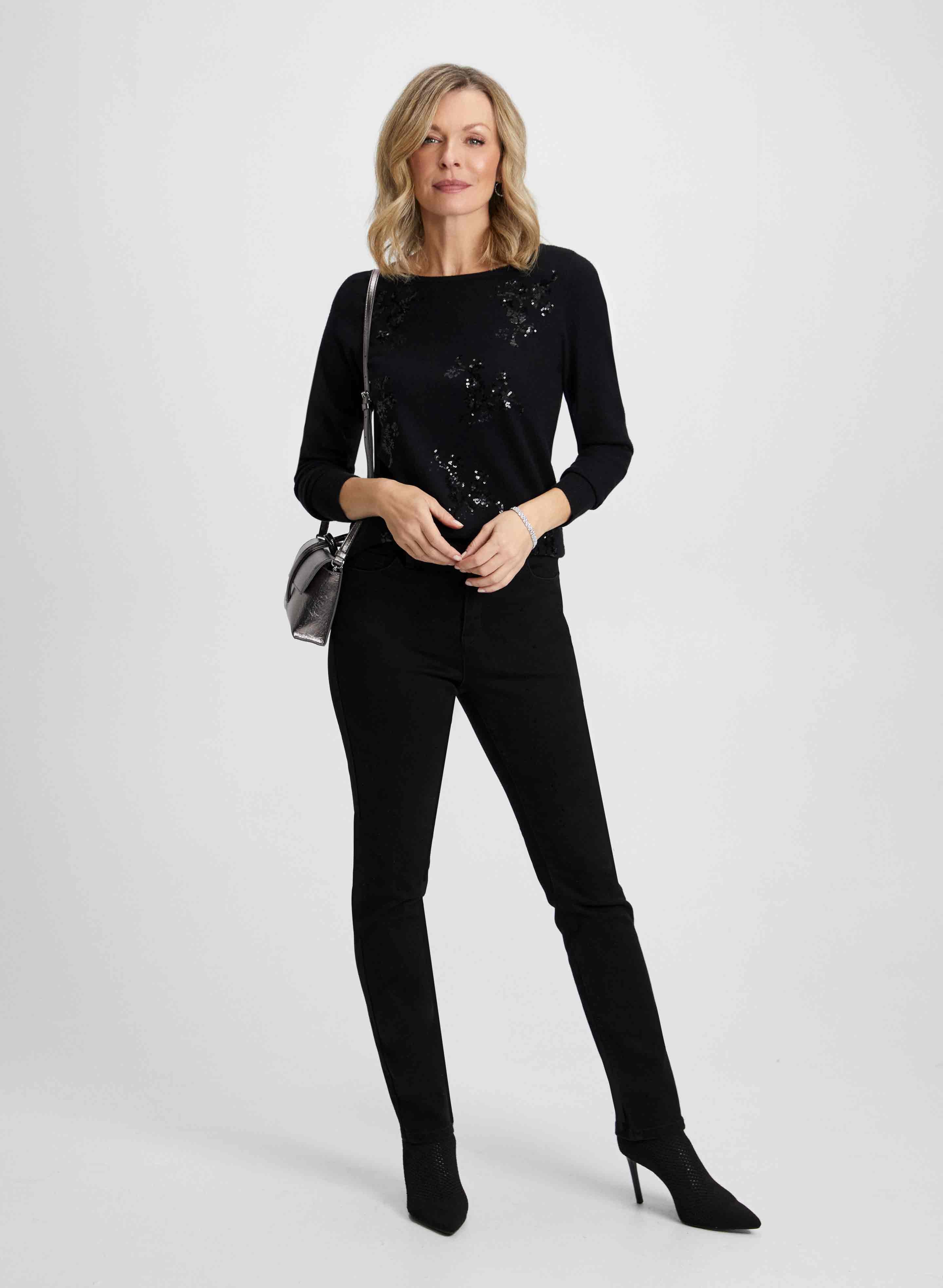 Floral Appliqué Blouse & Rhinestone Embellished Jeans Set - Elegant Outfit for Parties, Dates, and Special Occasions