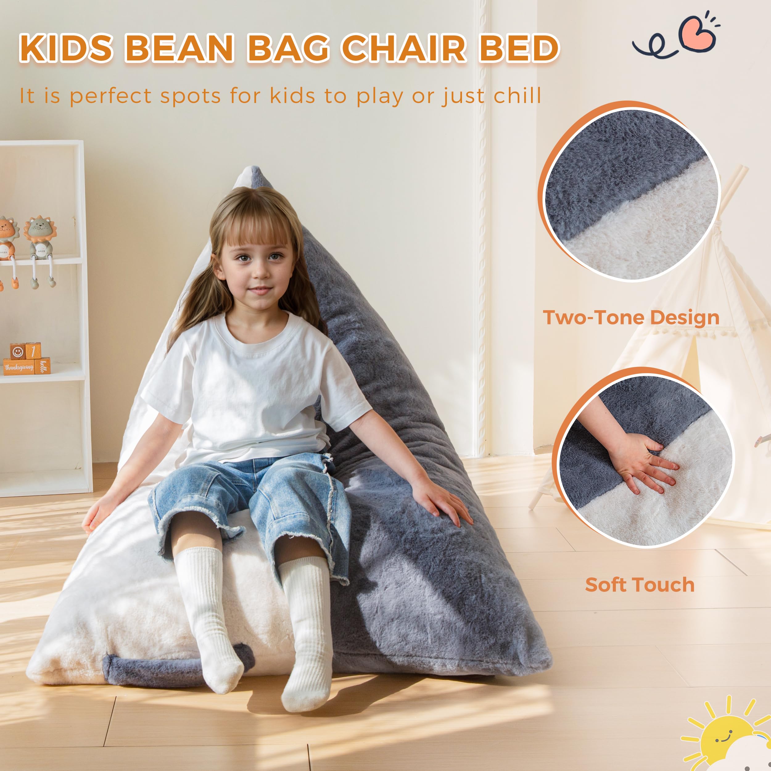 MAXYOYO Kids Bean Bag Chair with 2-Tone Handle - High-Density Foam Floor Lounger in Grey & White - Perfect for Playrooms, Bedrooms & Reading Nooks