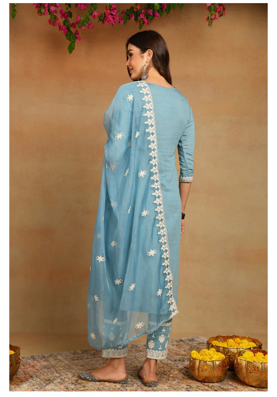 Elegant Blue Silk Blend Embroidered Kurta Set for Women | Traditional Indian Ethnic Wear | Perfect for Festivals, Weddings & Special Occasions
