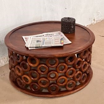 Hand Carved Indian Mango Wood Round Coffee Table - 30x30x18 Inches Natural Brown - Rustic Boho Living Room Furniture for Home Decor & Lounge Areas